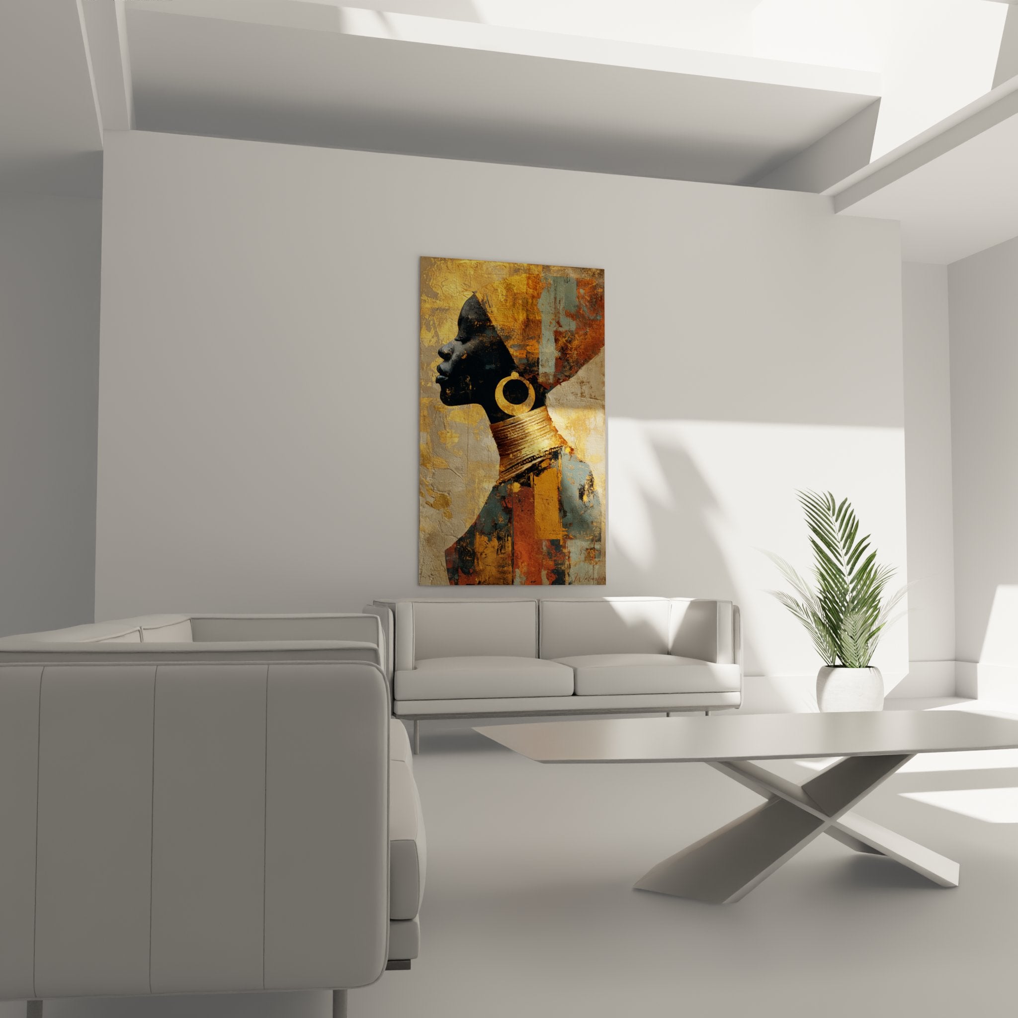 Dettaglio della texture dorata e del rilievo del quadro ritratto africano astratto con finiture metalliche