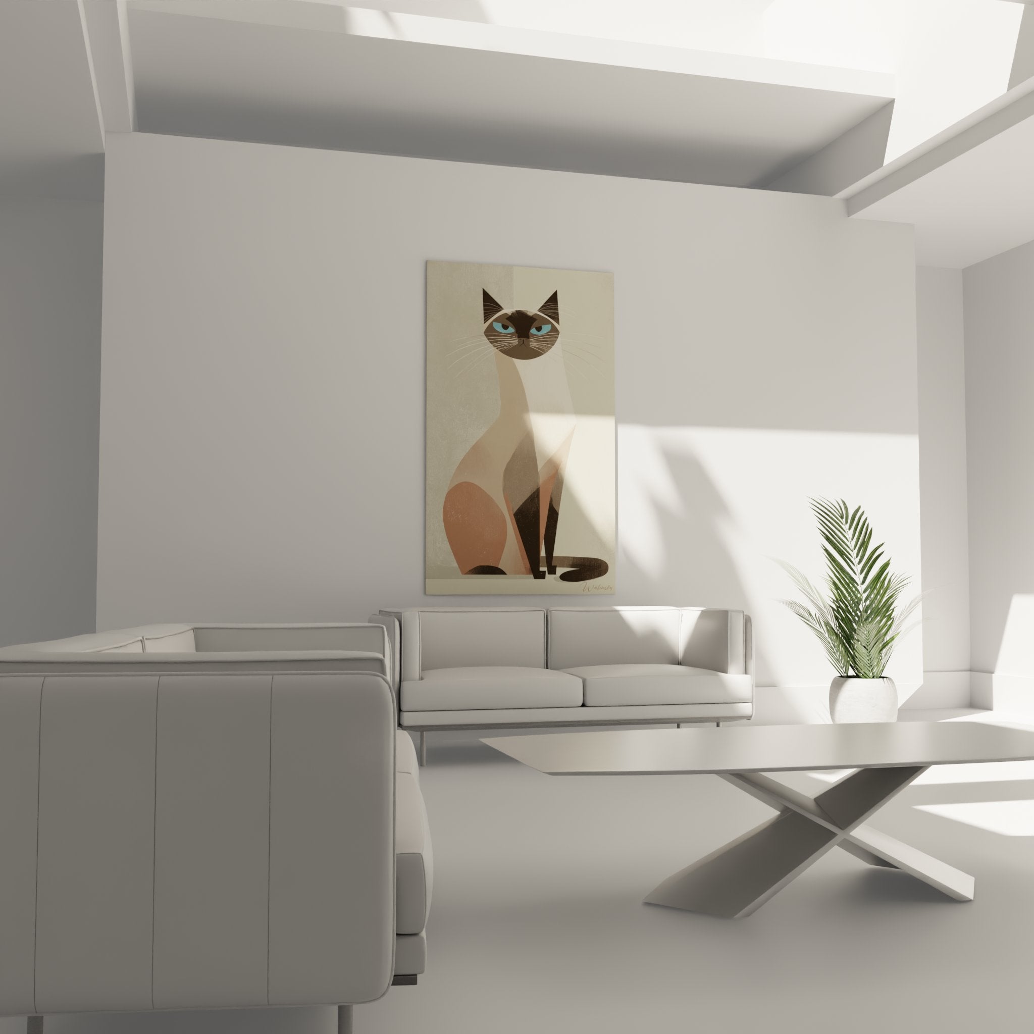 Dettaglio quadro gatto siamese stilizzato, occhi blu penetranti e forme geometriche essenziali beige