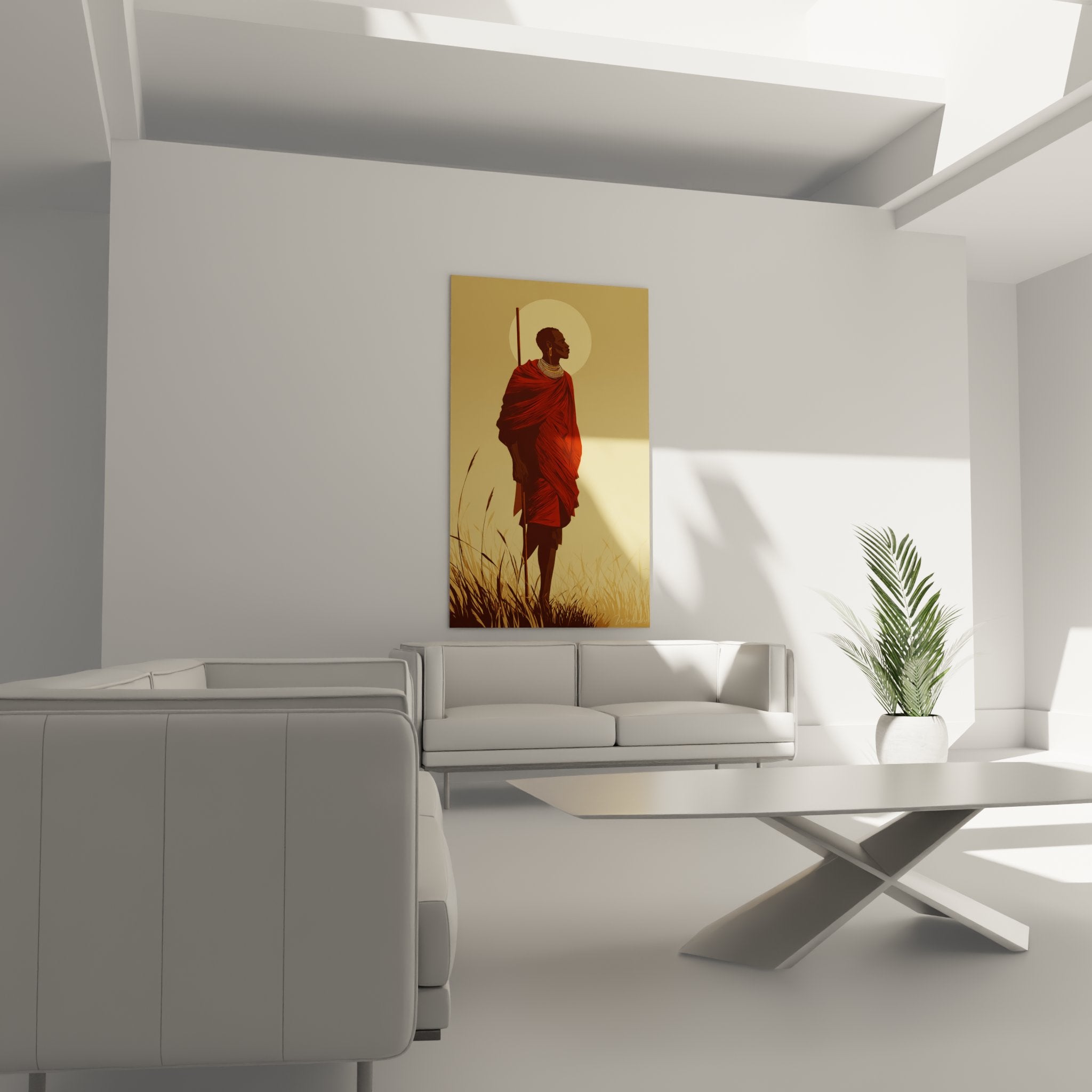 Maasai profile portrait painting detail with golden halo and traditional red shuka authentic African art