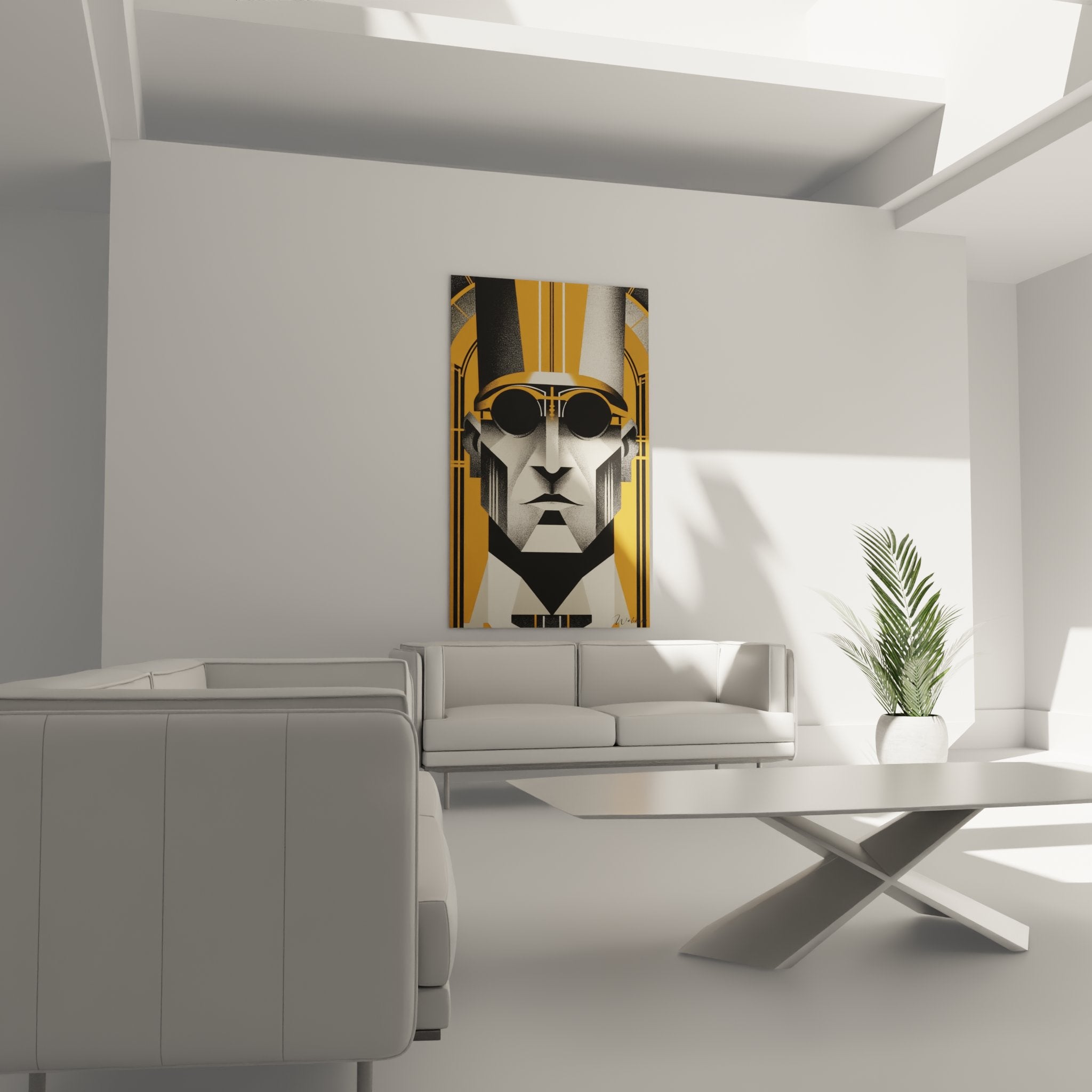 Détail tableau portrait art déco homme lunettes traits géométriques palette orange gris style vintage raffiné