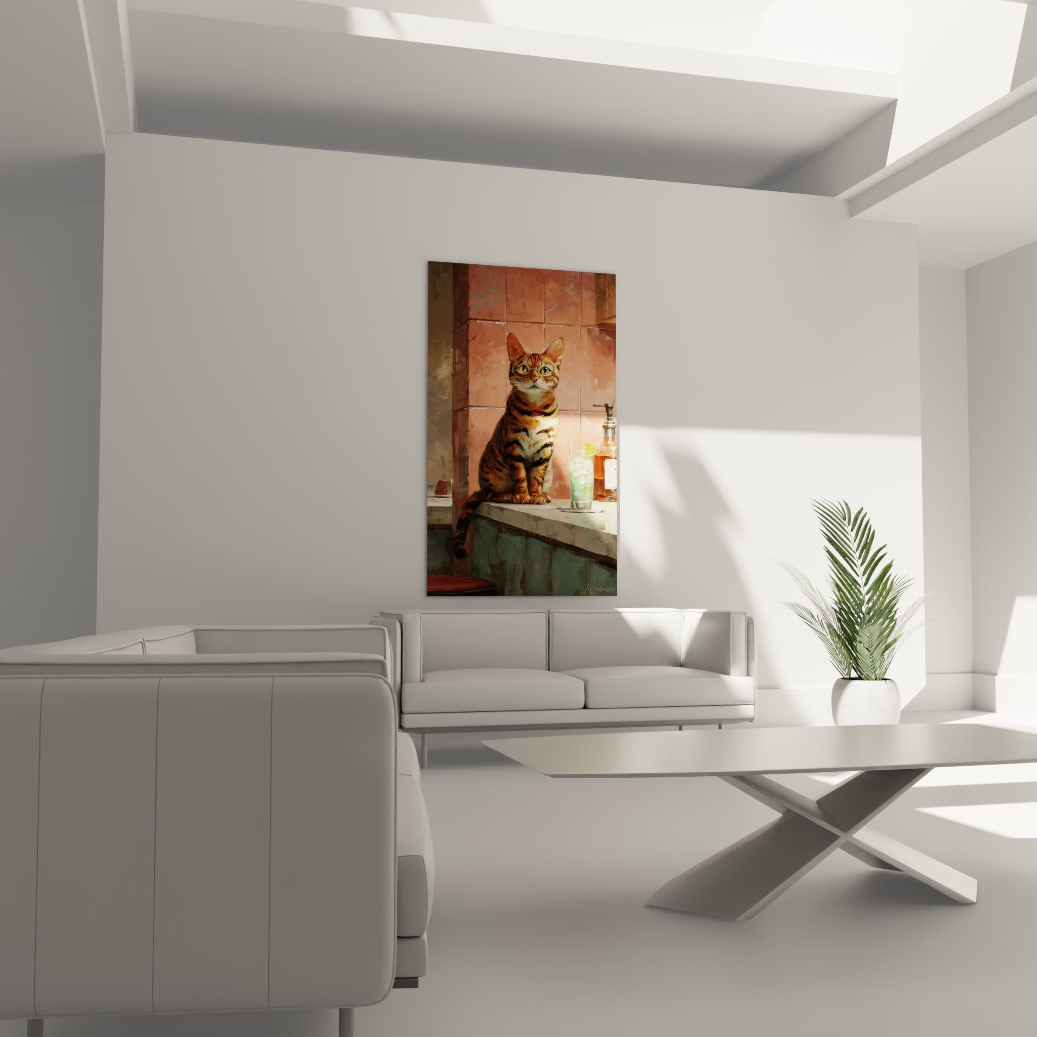 Gros plan tableau chat Toyger lunettes dorees rayures noires orangees yeux verts salle de bain rose