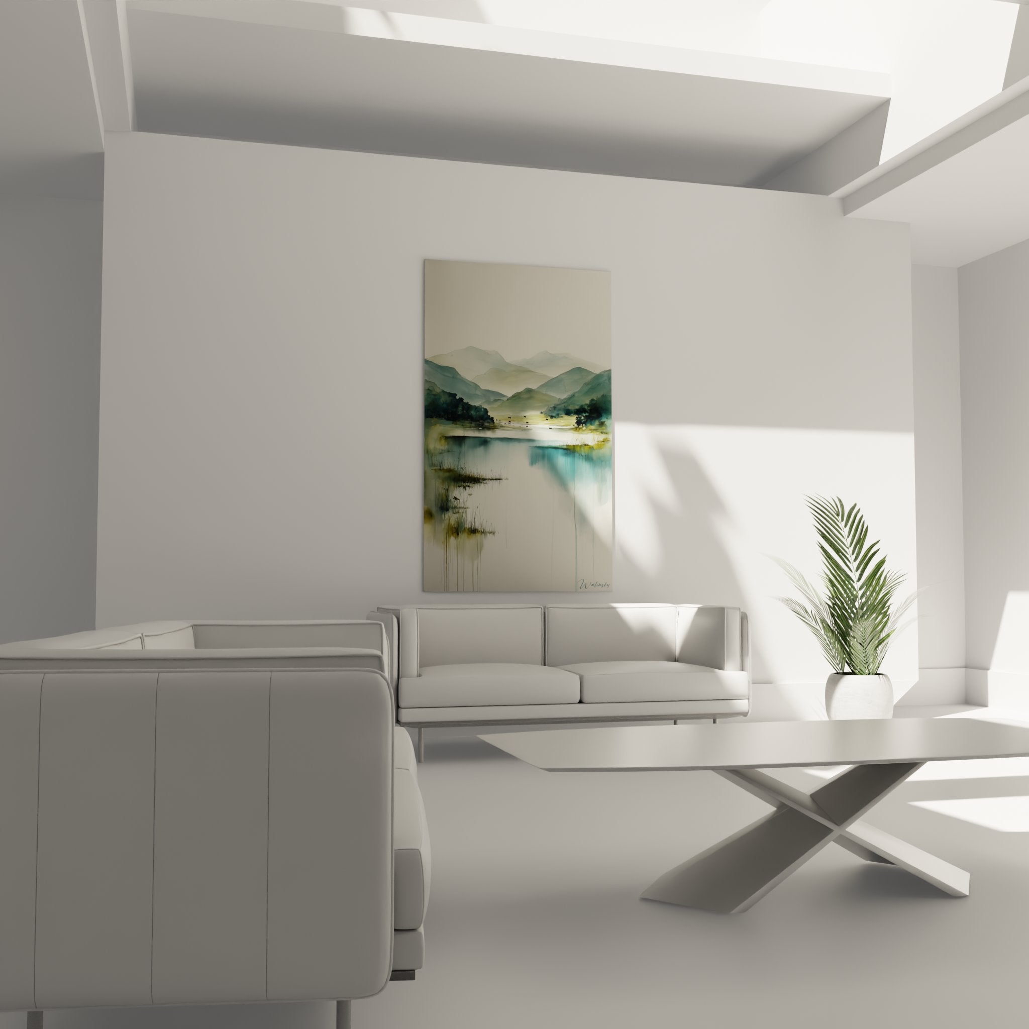 Detail Aquarellbild Berglandschaft, Transparenztechnik und Farbläufe, Wasserreflexe und Uferbewuchs