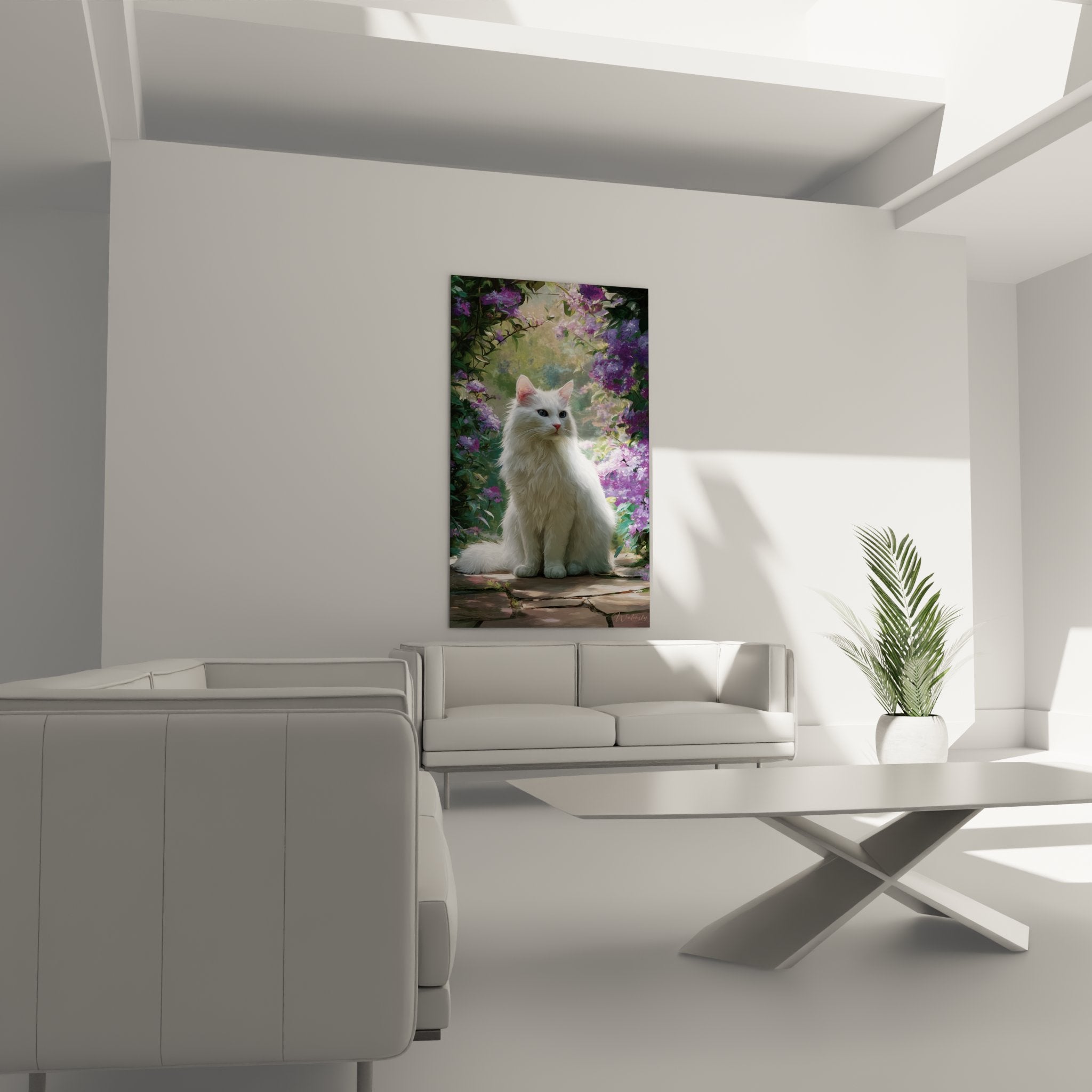 Close-up white Birman cat painting long silky coat expressive blue eyes lilac garden background