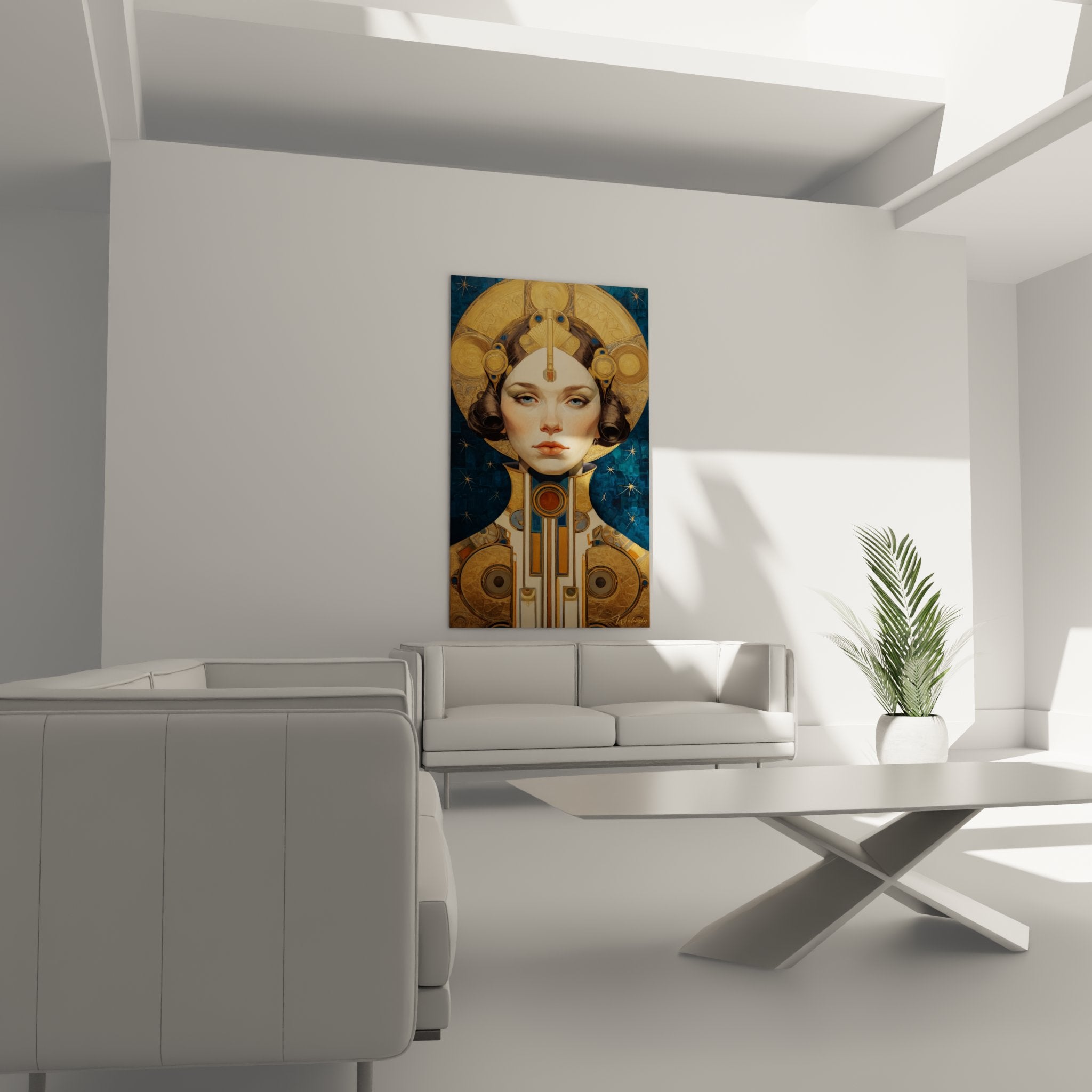 Art deco woman portrait detail with blue eyes and ornate hairstyle featuring gold geometric patterns