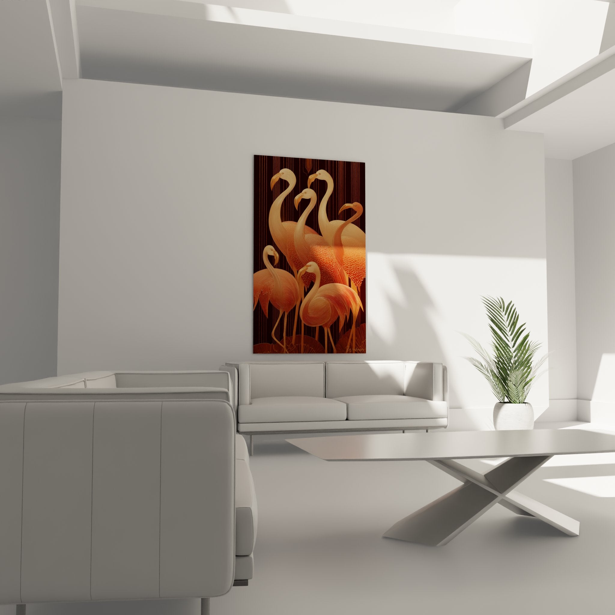 Dettaglio ravvicinato del quadro che mostra la texture dorata e i motivi geometrici dei fenicotteri art déco