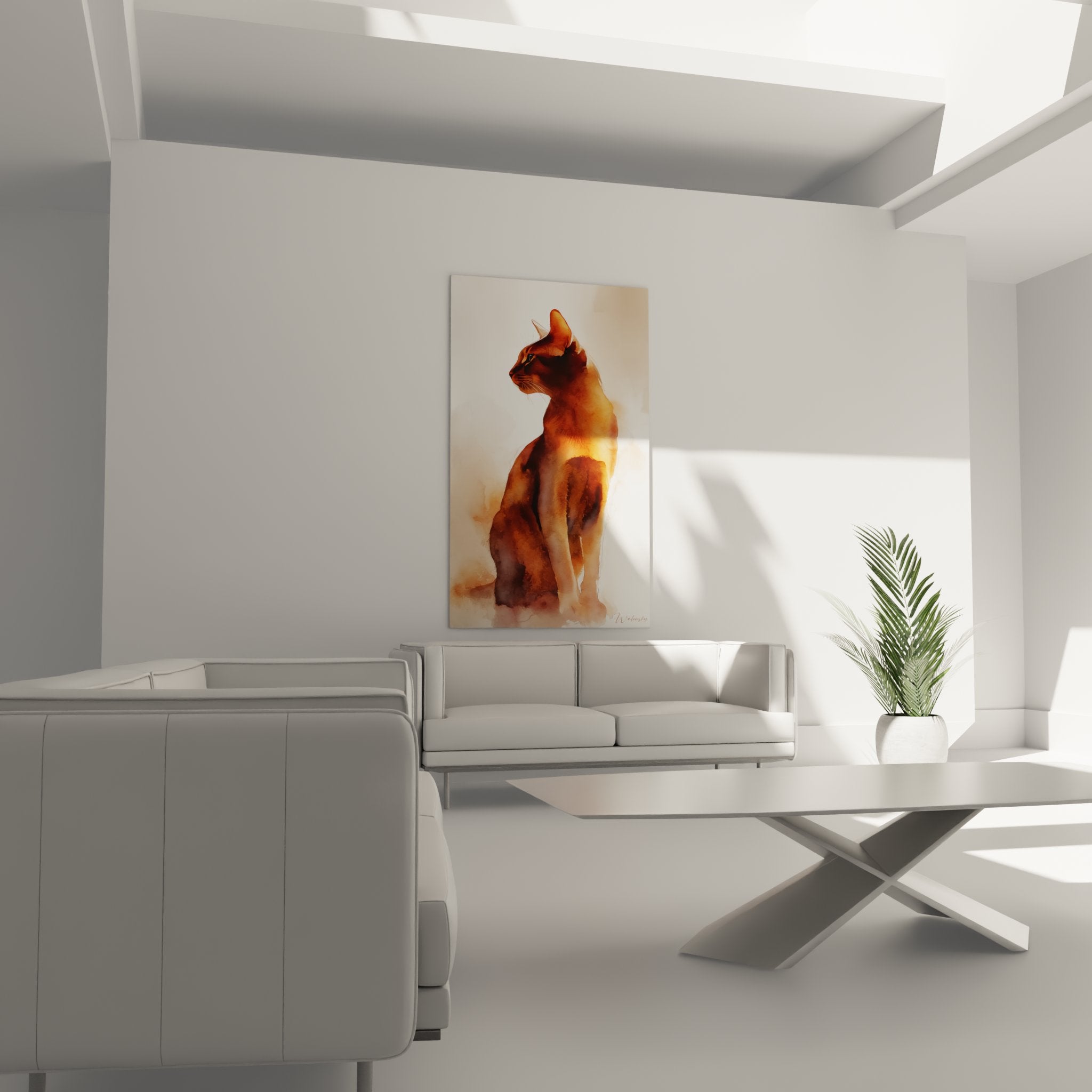 Dettaglio ravvicinato quadro gatto abissino, tecnica seppia ed effetti acquerello toni caldi