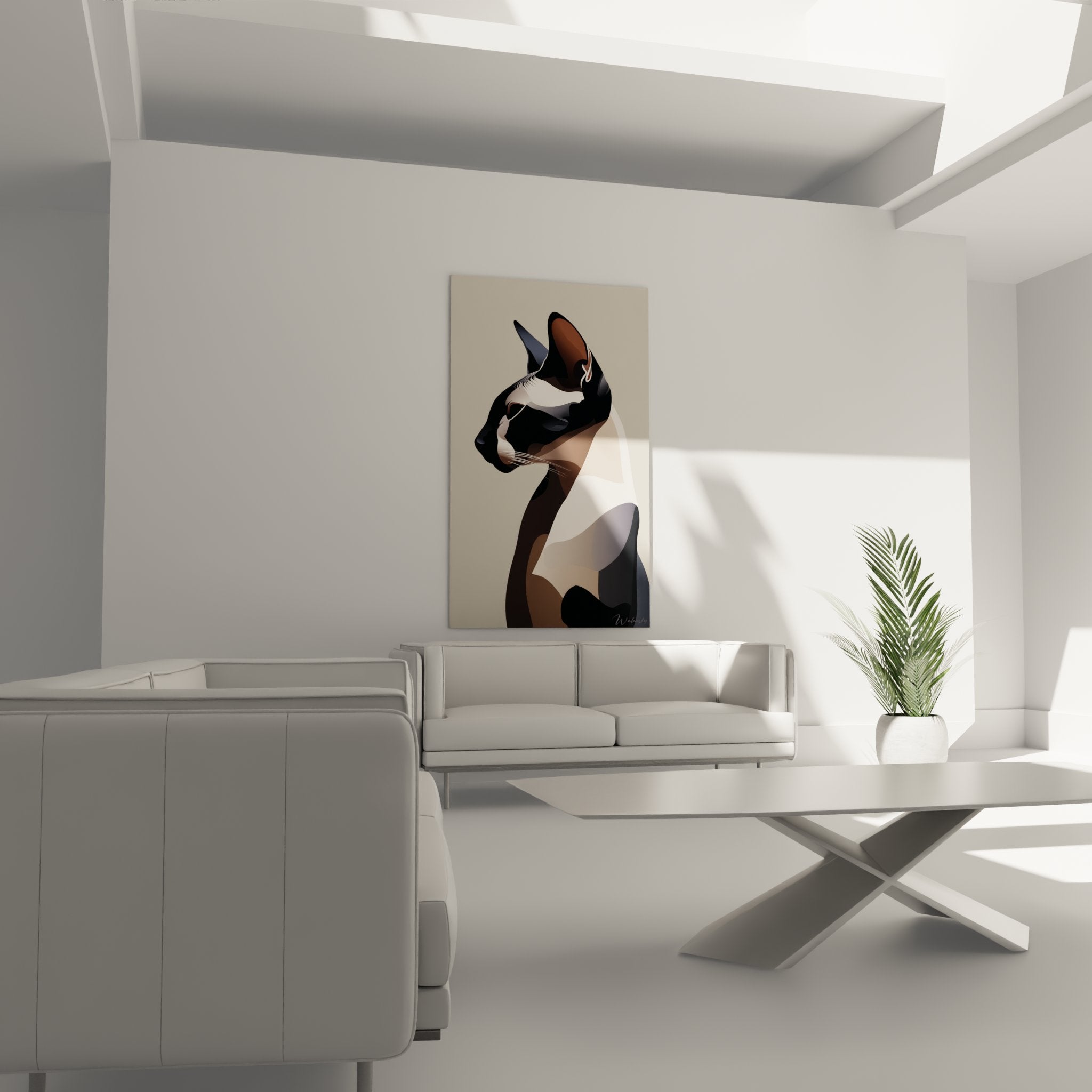 Primo piano quadro gatto Sphynx arte geometrica dettagli sfaccettati colori naturali opera moderna