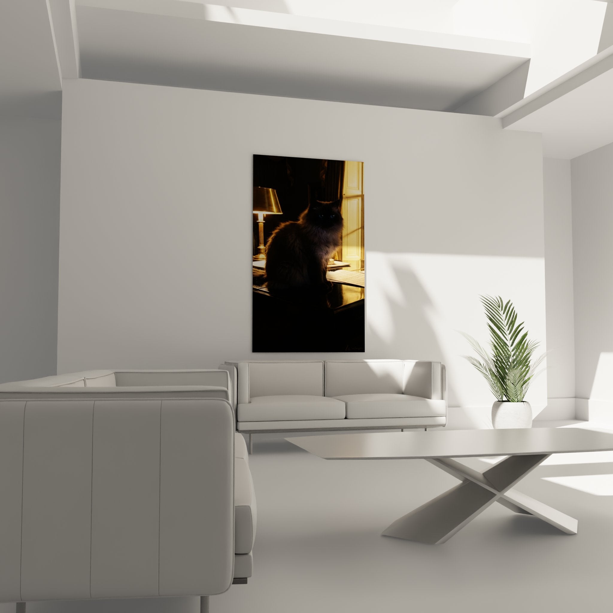 Gros plan tableau chat Himalayan yeux bleus pelage sombre detail lumiere doree impression haute qualite