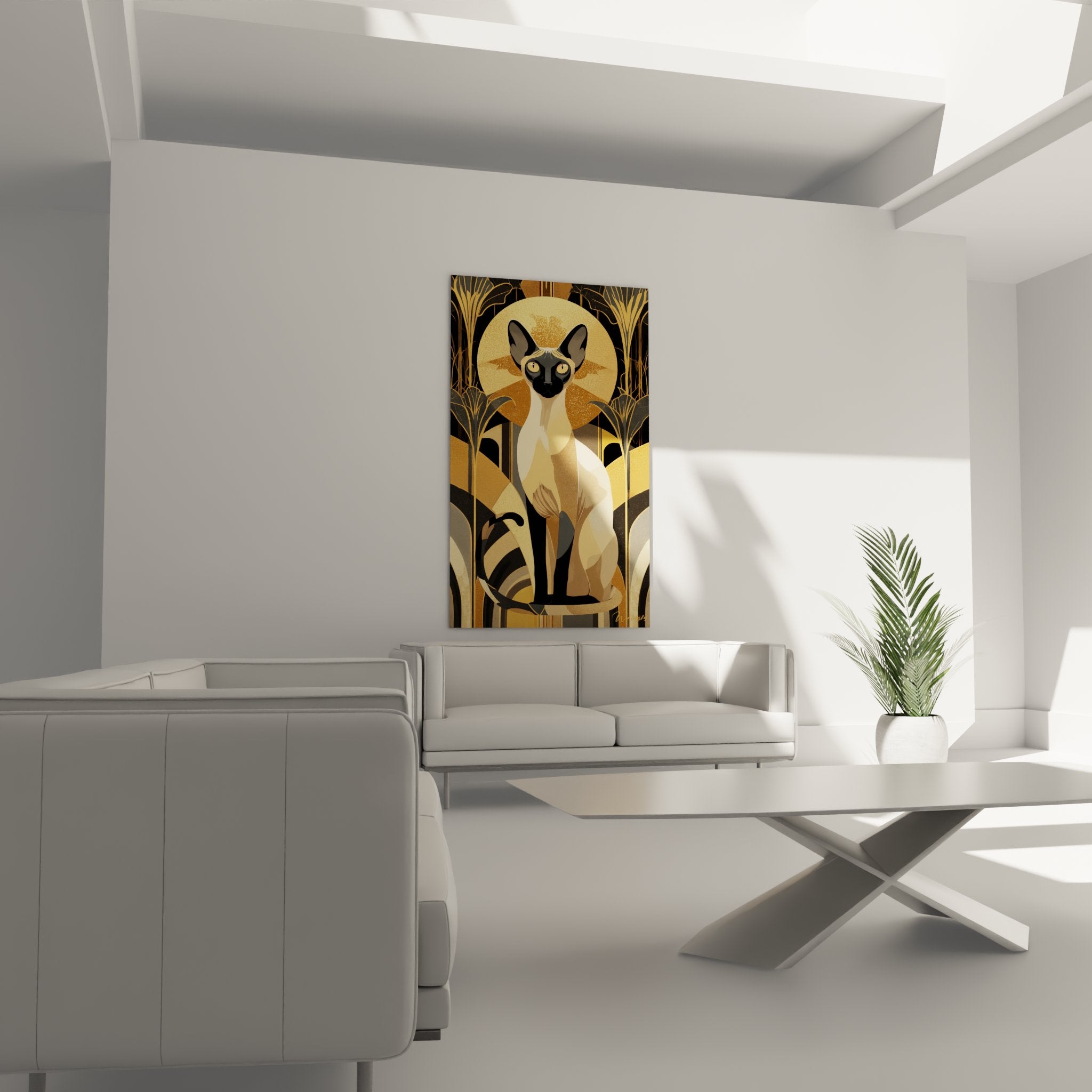 Primo piano su gatto siamese con occhi dorati nello stile Art Déco con dettagli e texture dorate