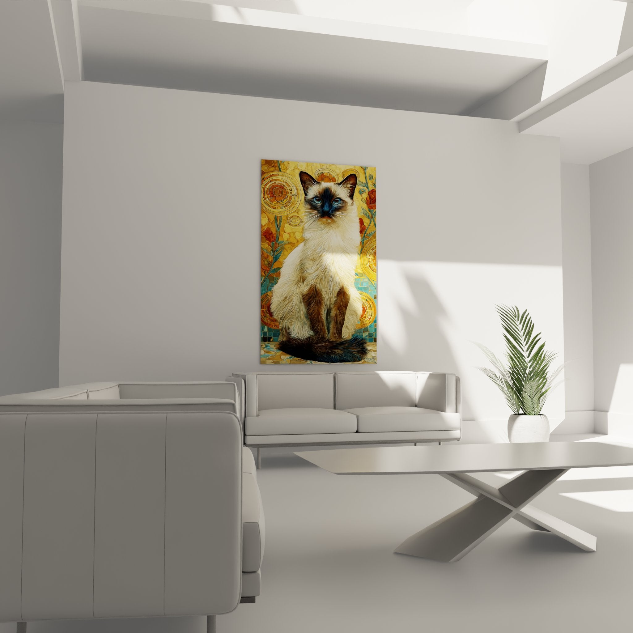 Close-up Balinese cat painting blue eyes silky coat artistic details golden decorative style