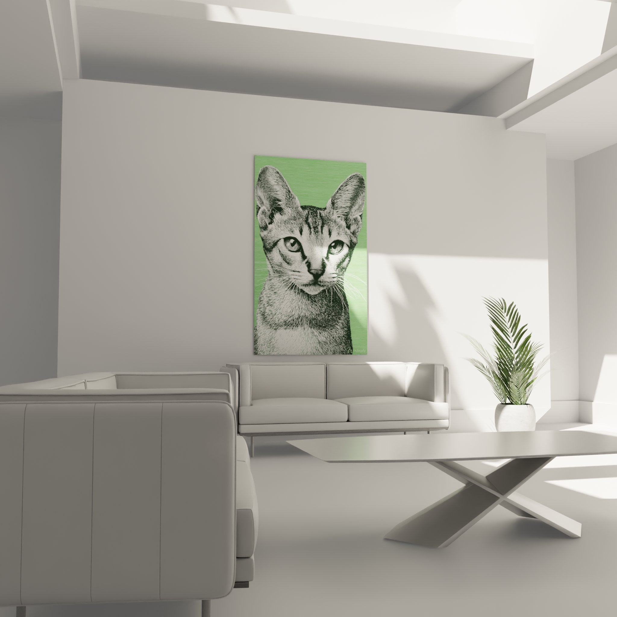 Détail portrait chat Sokoke gravure yeux verts technique hachures pelage tabby art félin précis