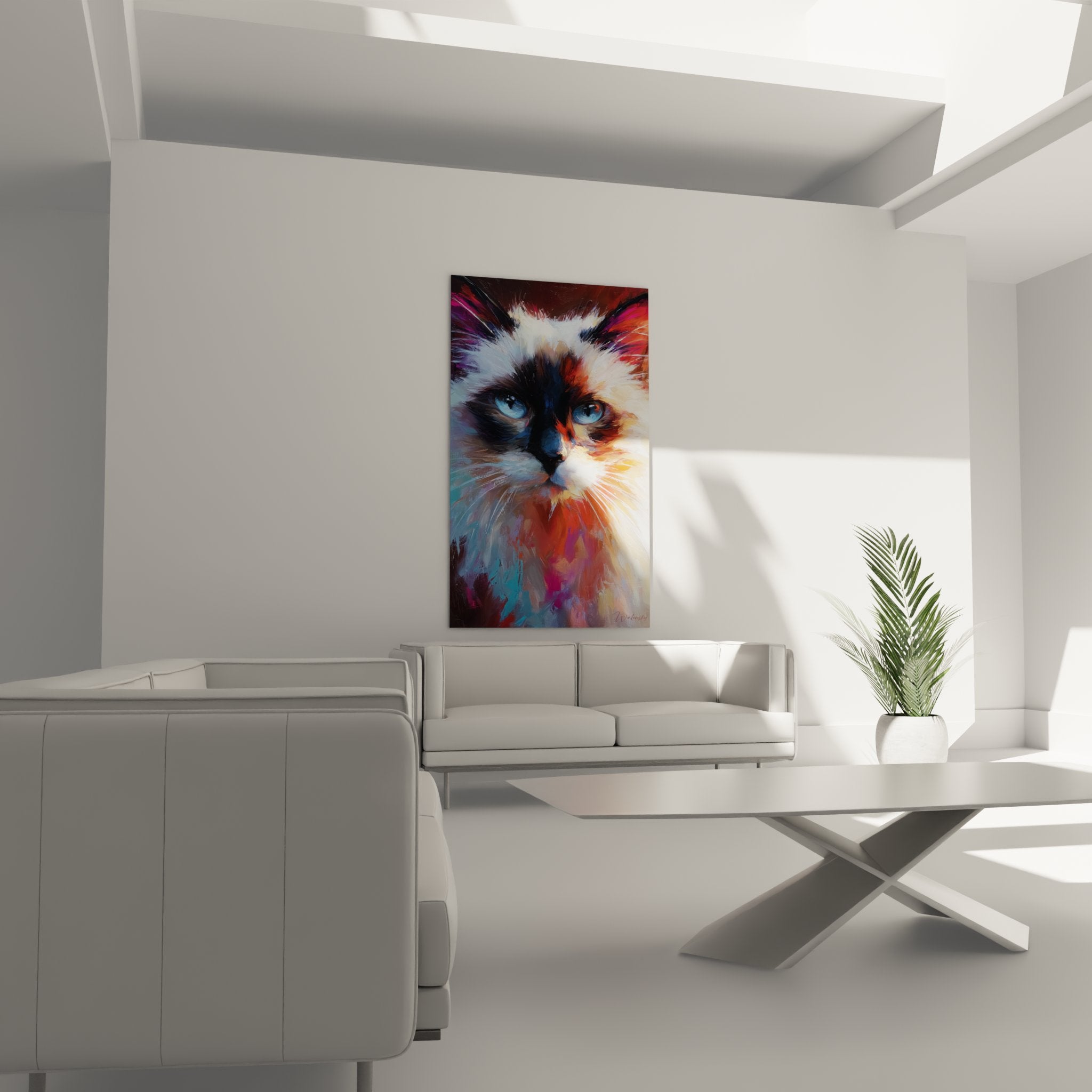 Close-up of the striking blue eyes of a Birman cat in this vibrant and expressive wall art