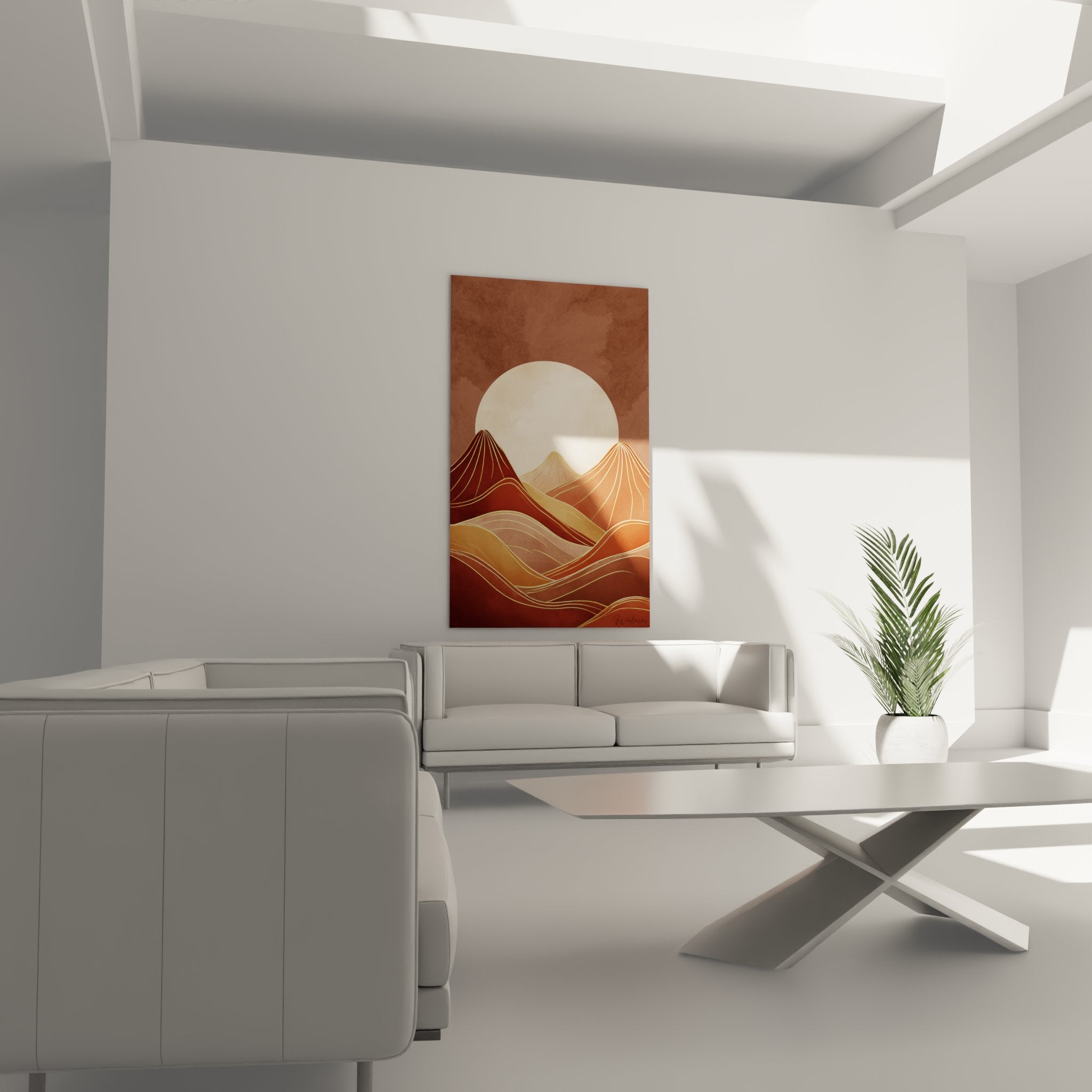 Detailbild Kunstgemälde Art-Deco-Berg goldene Linien geometrische Texturen Ocker Rost stilisierte Landschaftskomposition