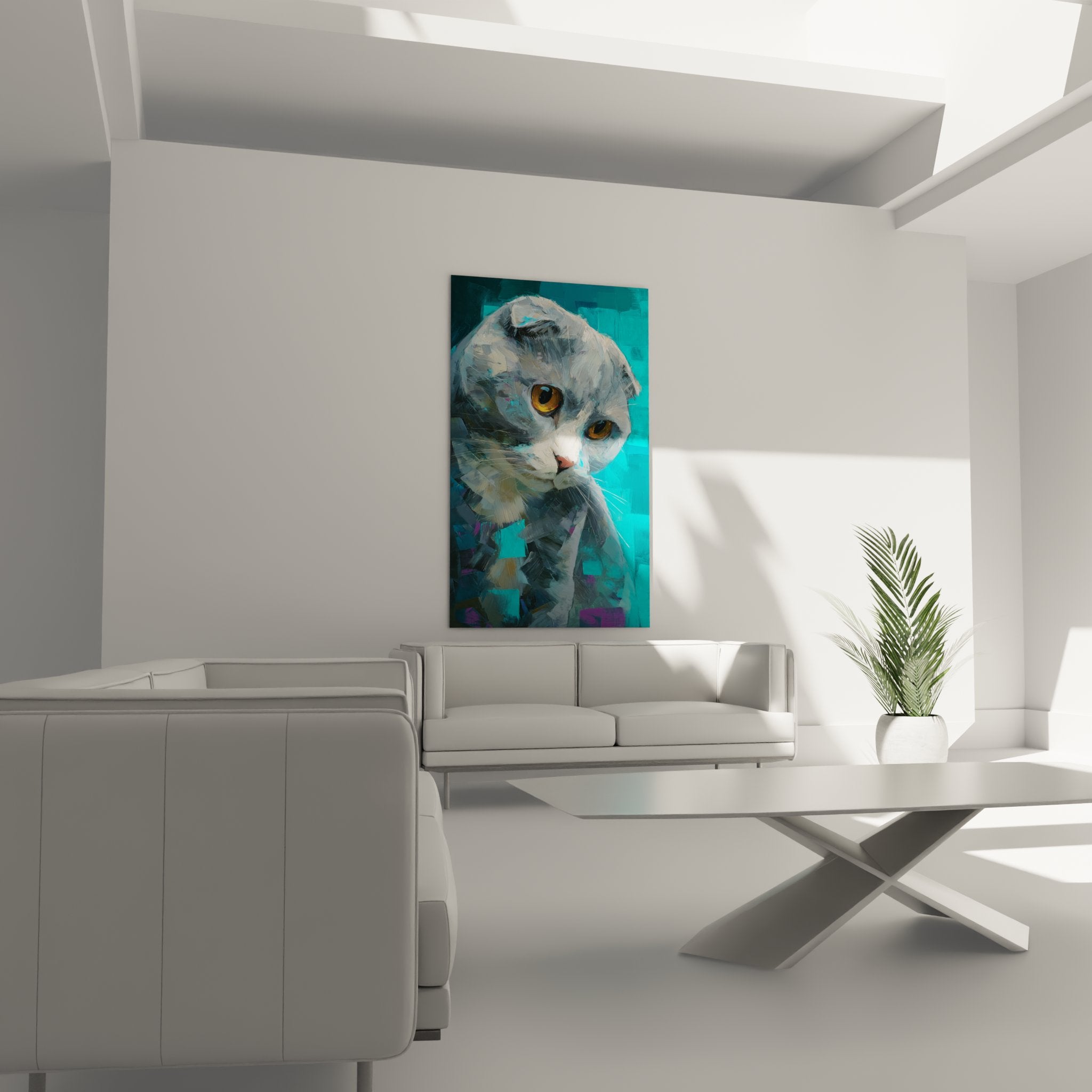 Close-up of Scottish Fold cat artwork showing paint details with golden eyes and grey fur