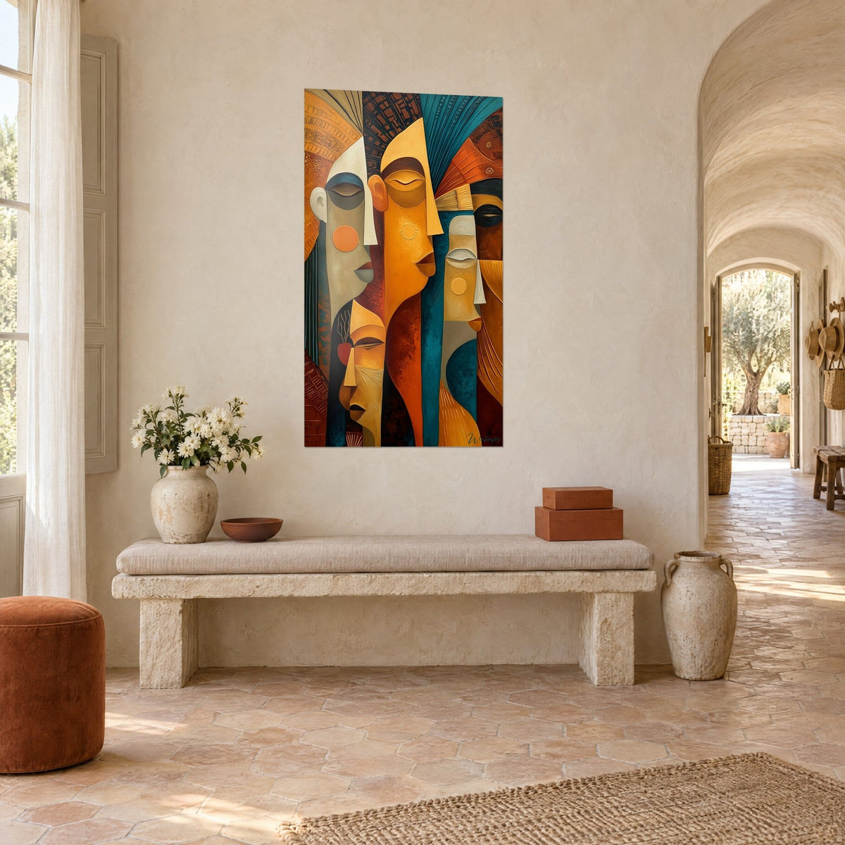 Quadro maschere africane stilizzate in campiture arancio, blu petrolio e marrone, vista a tre quarti sopra una panca di pietra