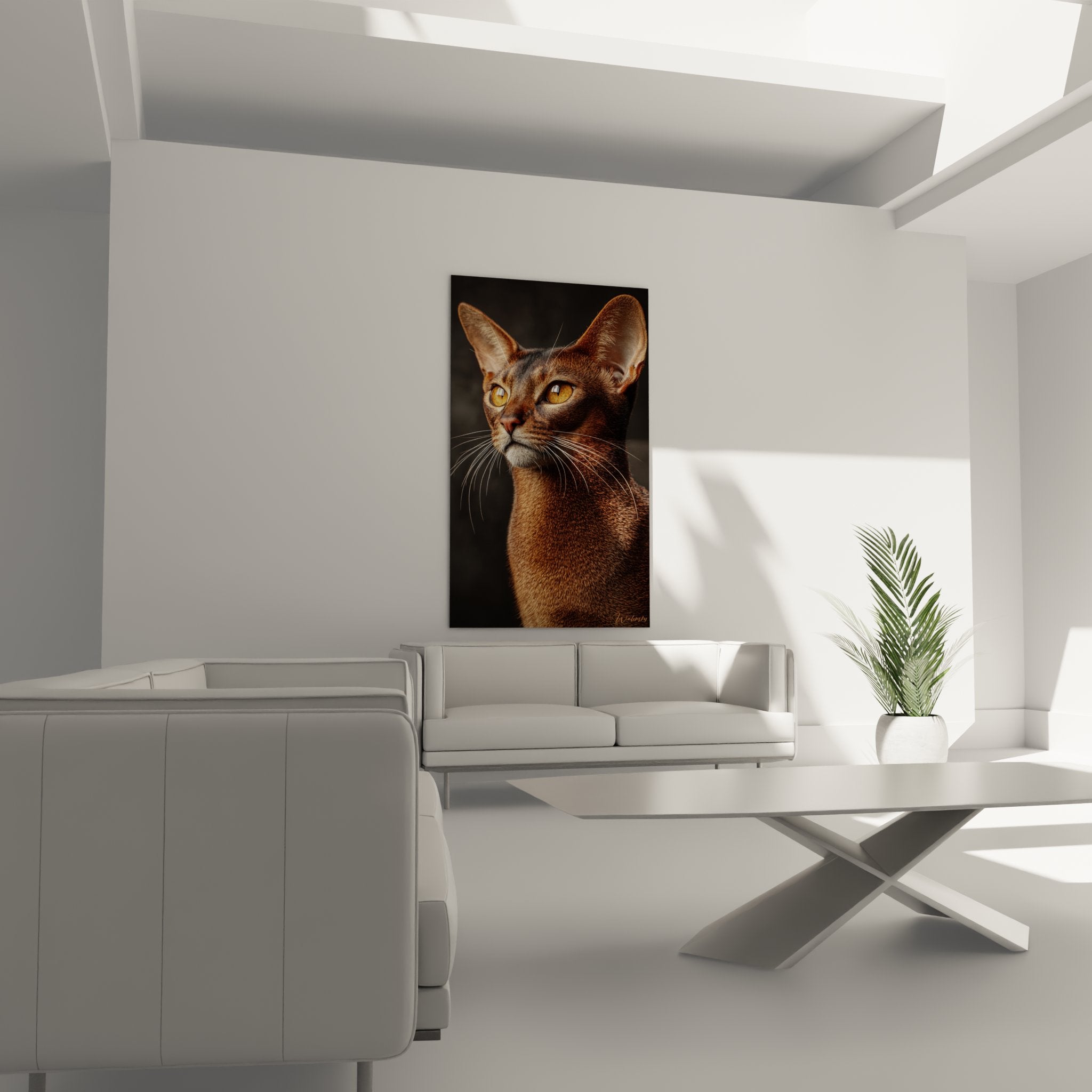 Primo piano dettagliato dello sguardo intenso e degli occhi ambra del gatto Abissino su tela