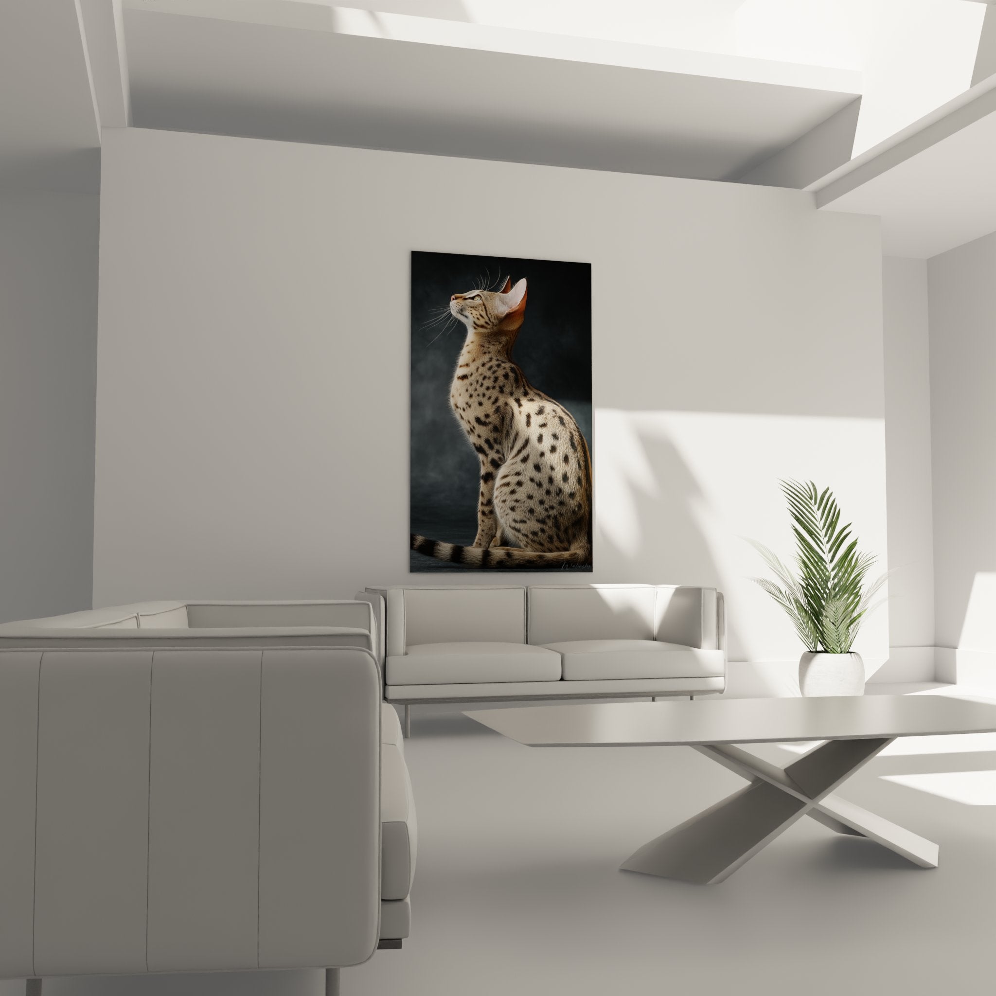 Détail rapproché tableau chat Savannah, pelage doré tacheté et expression contemplative réaliste