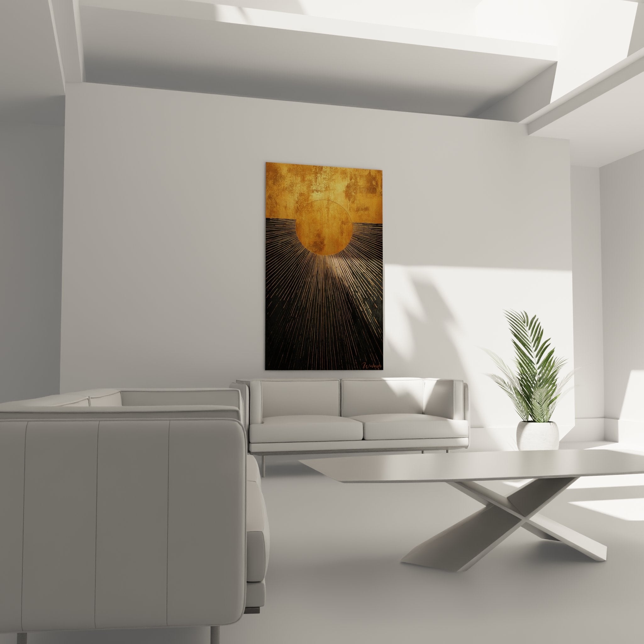 Dettaglio della texture dorata del quadro sole africano, raggi dorati sottili su superficie patinata lucida