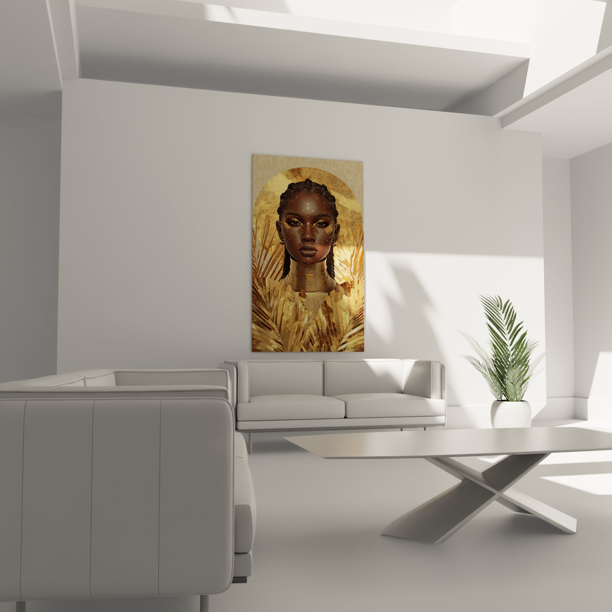 Dettaglio volto donna africana con trucco dorato tradizionale ed espressione serena