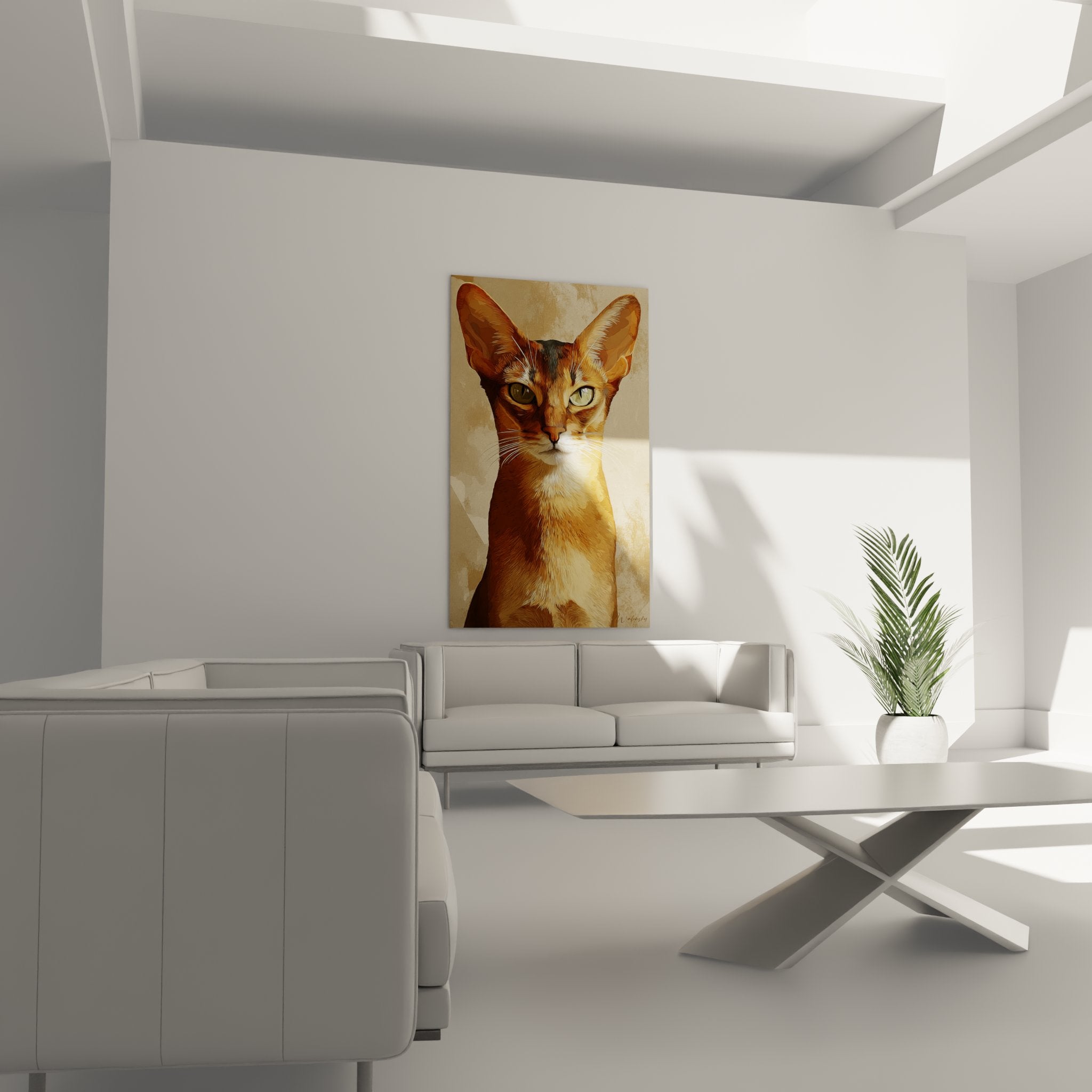 Dettaglio quadro gatto Abissino: sguardo intenso con occhi verdi dorati, mantello rosso finemente texturizzato, arte murale