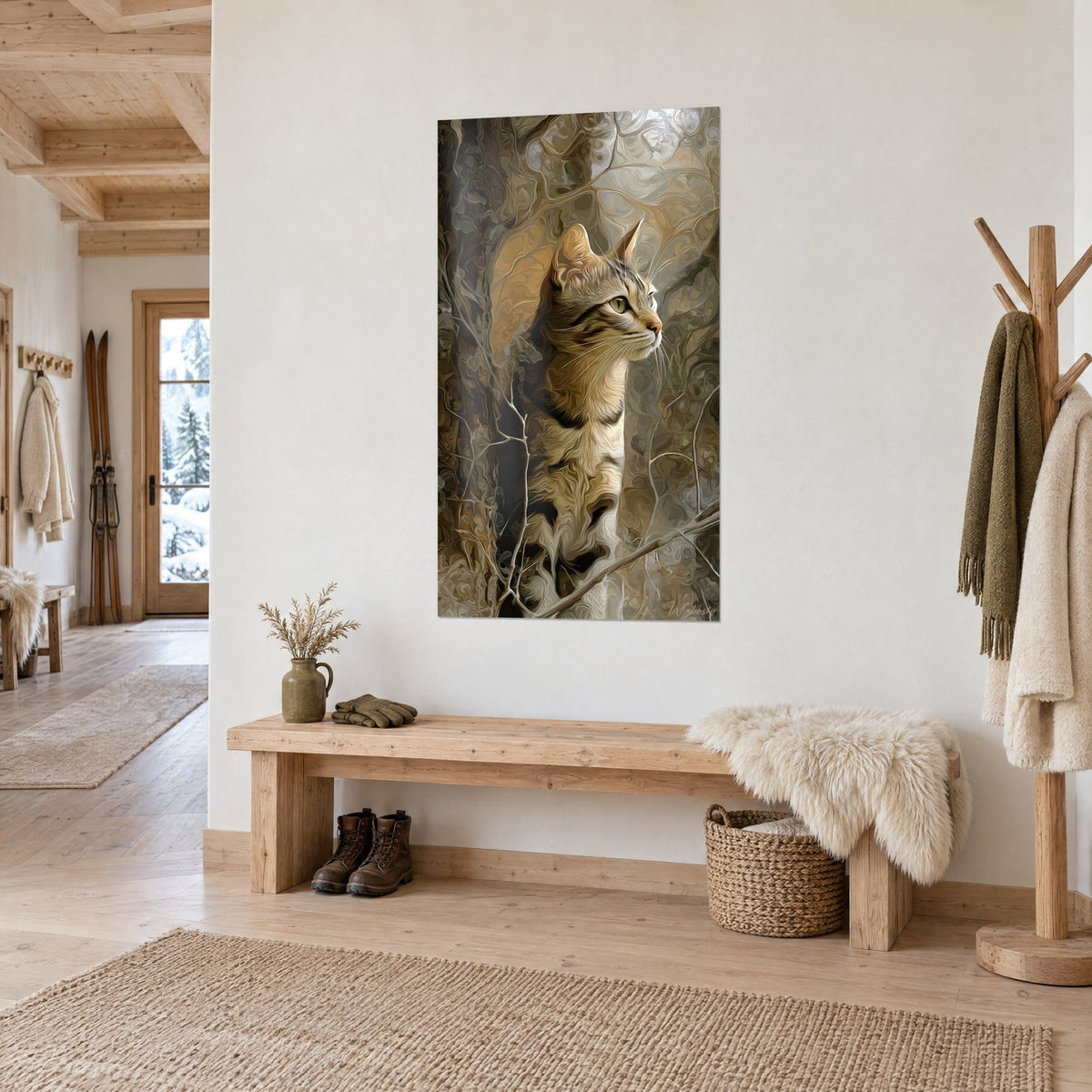 Schilderij sokoke-kat met groene ogen, donkere strepen, ockerkleurige en grijze schorsachtergrond, schuin opgehangen in een houten chalet