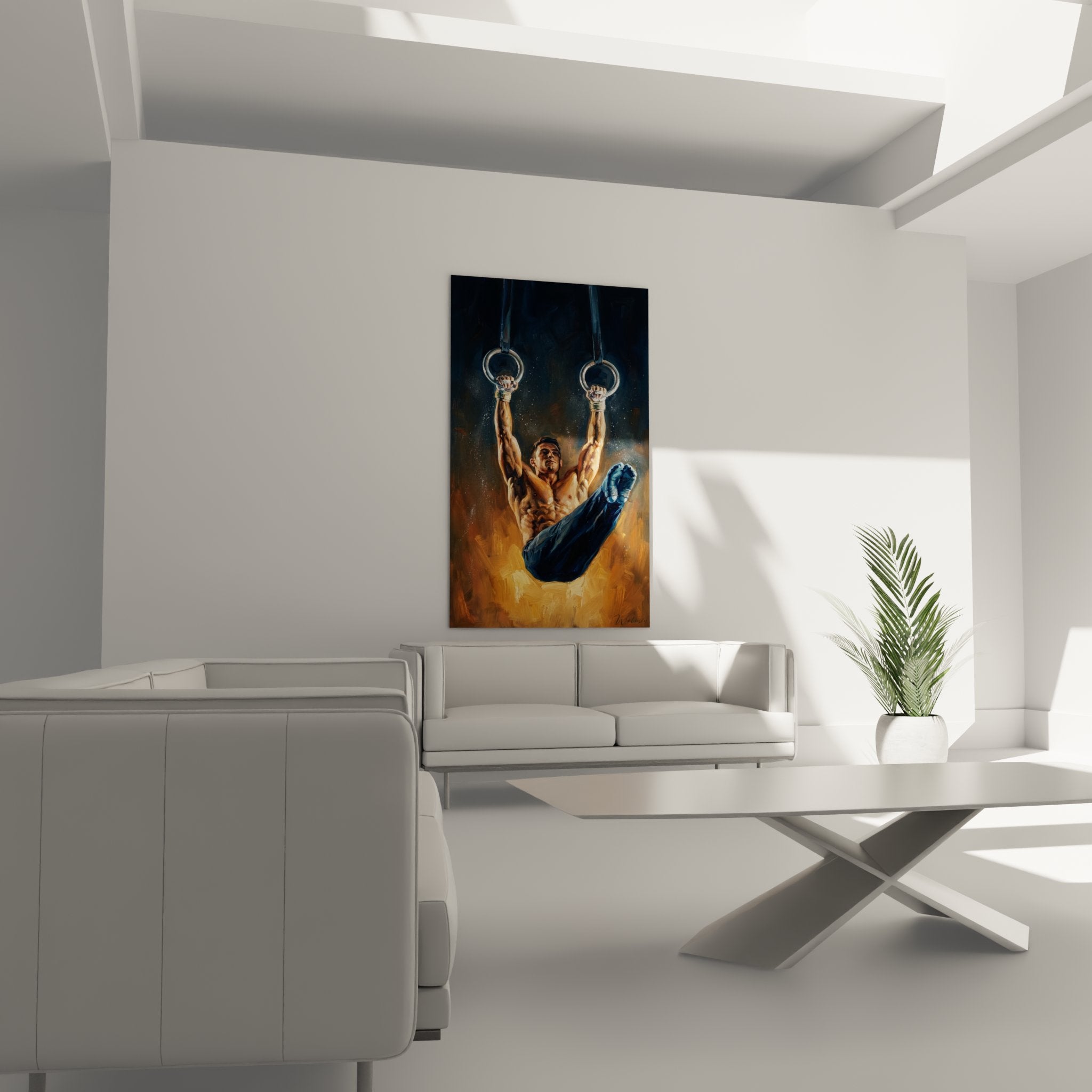 Dettaglio artistico quadro crossfit che mostra la tecnica degli anelli di ginnastica e la muscolatura dell'atleta in azione