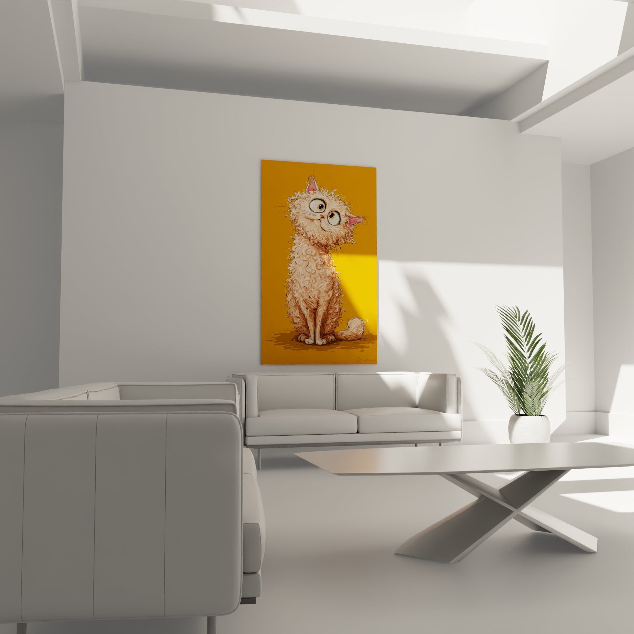 Gros plan tableau chat Selkirk Rex montrant details pelage frise creme et expression tendre du regard