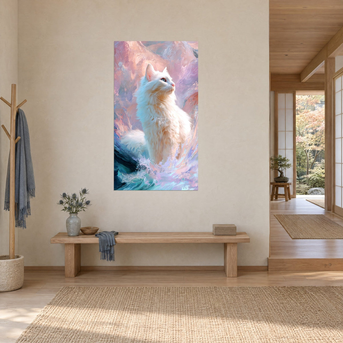 Tableau Turkish Van duveteux au museau rose dressé sur des vagues turquoise et corail, vu de trois quarts dans un couloir japandi