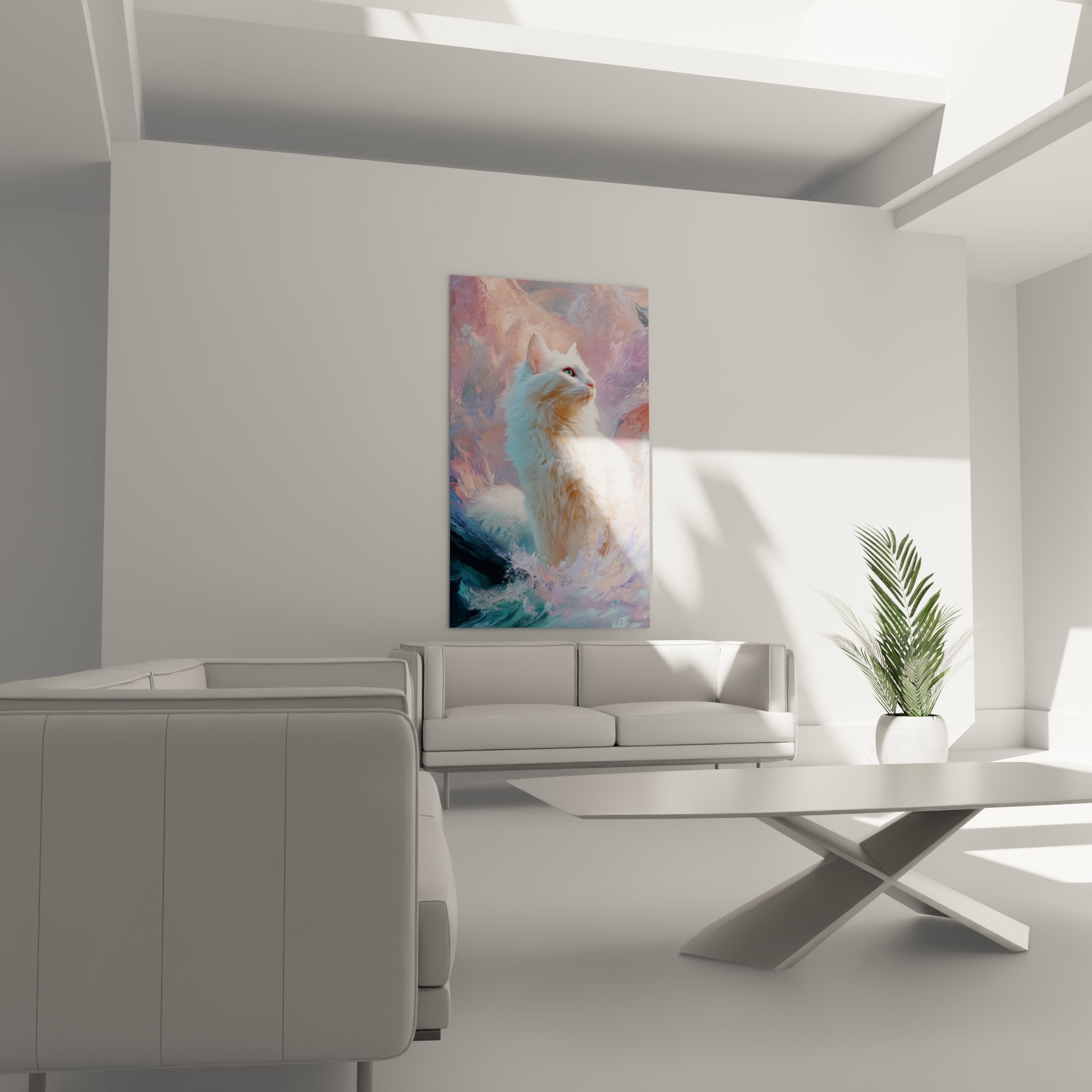 Detail tableau chat Turkish Van blanc pelage soyeux et yeux bleus dans univers artistique colore