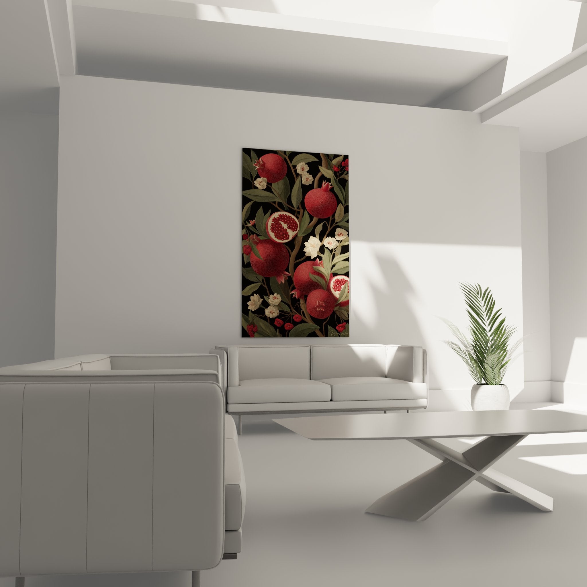 Détail tableau grenades rouges art déco montrant texture fruits et feuillage vert olive style vintage