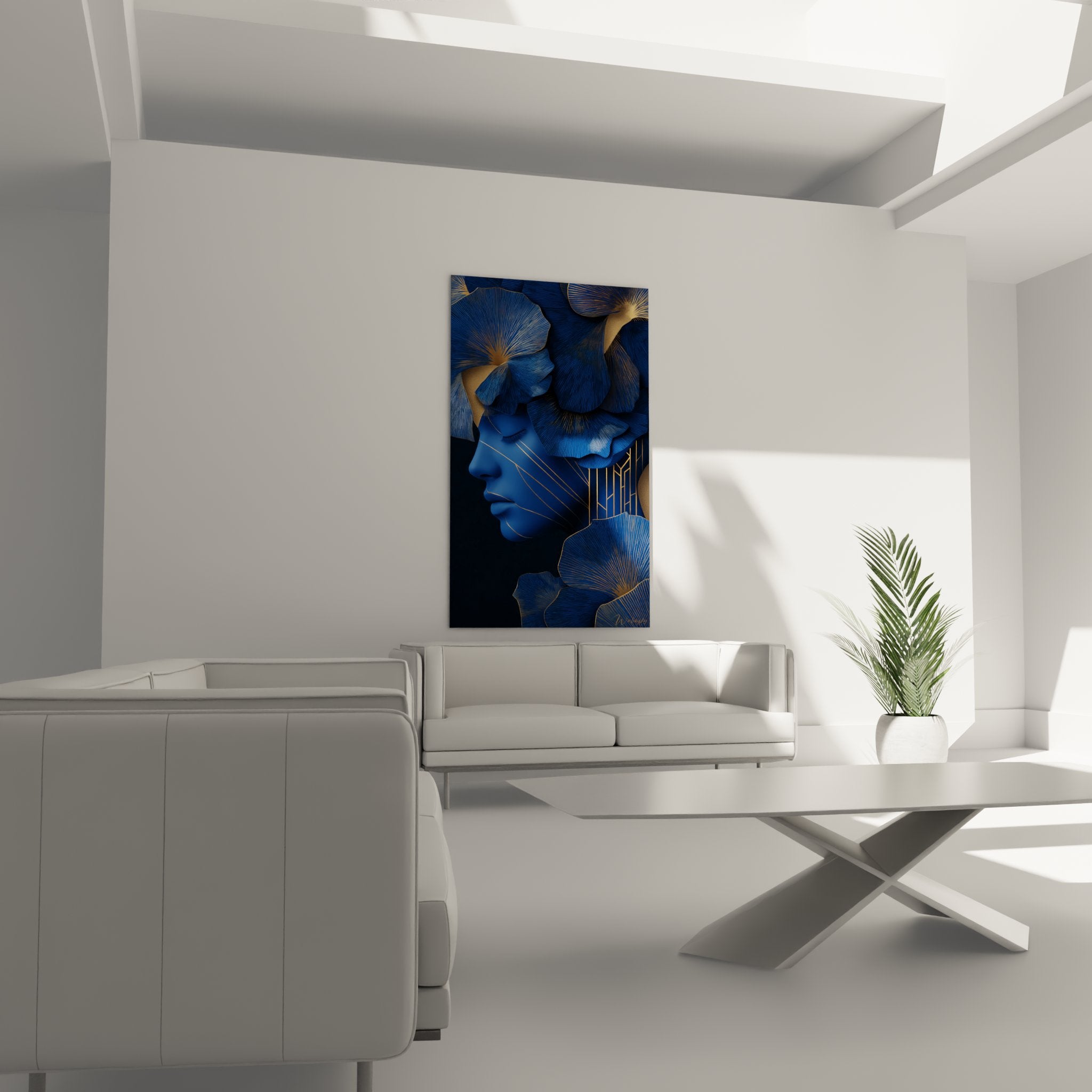 Détail tableau art déco visage féminin bleu et feuilles ginkgo aux nervures dorées