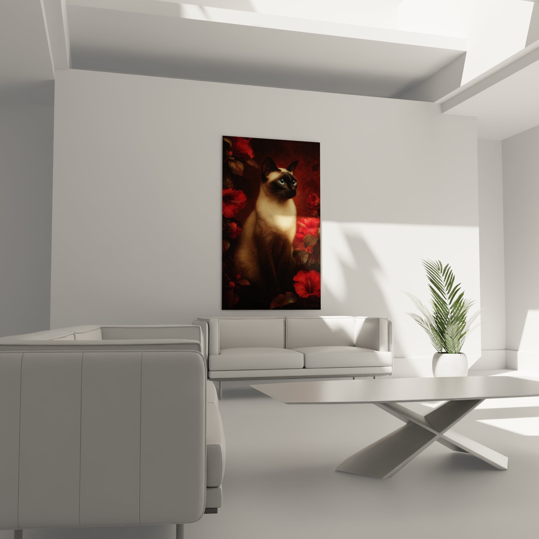 Détail portrait chat Balinais pelage seal point et hibiscus rouge vermillon composition florale