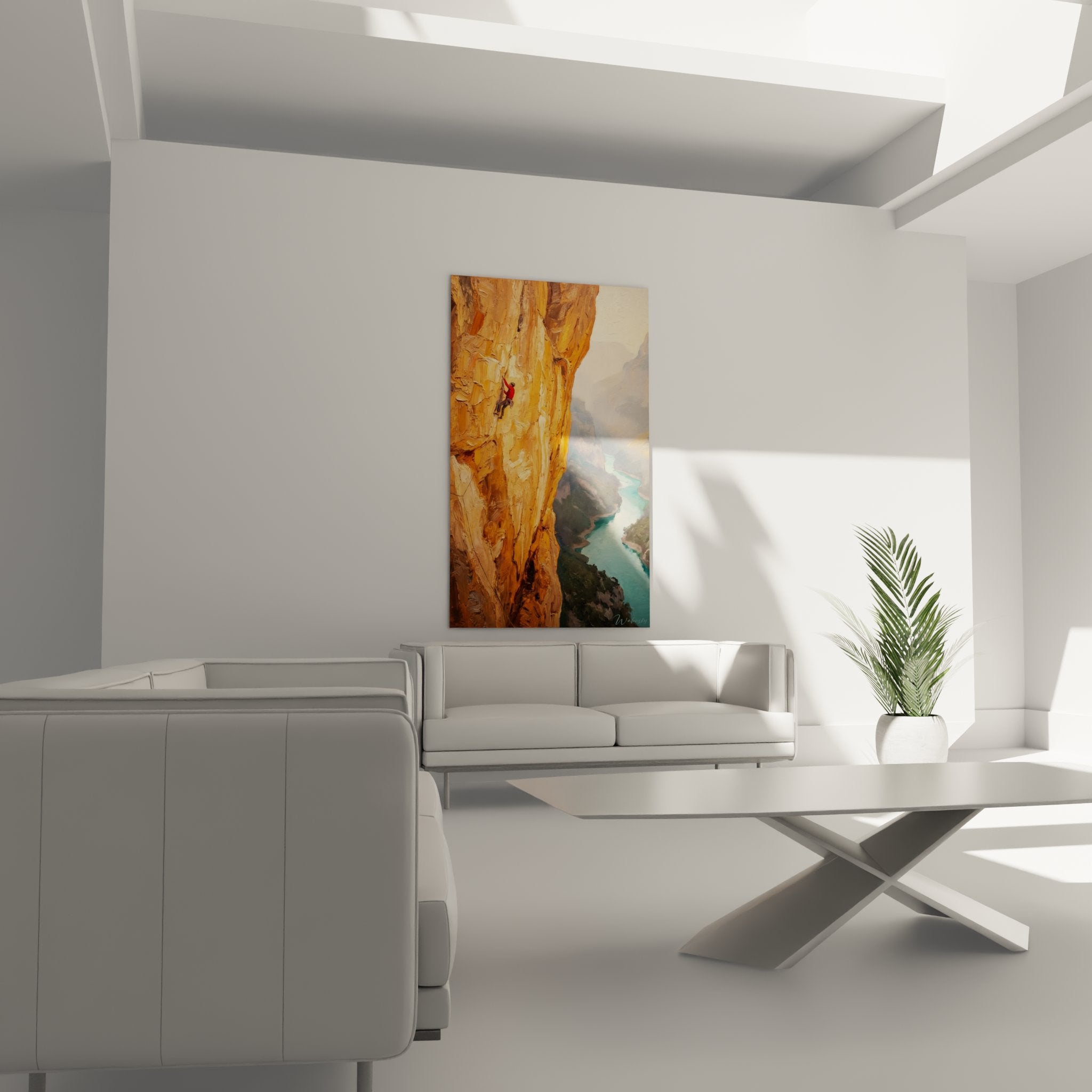 Detail texture peinture escalade montrant empâtements rocheux et technique picturale expressive canyon