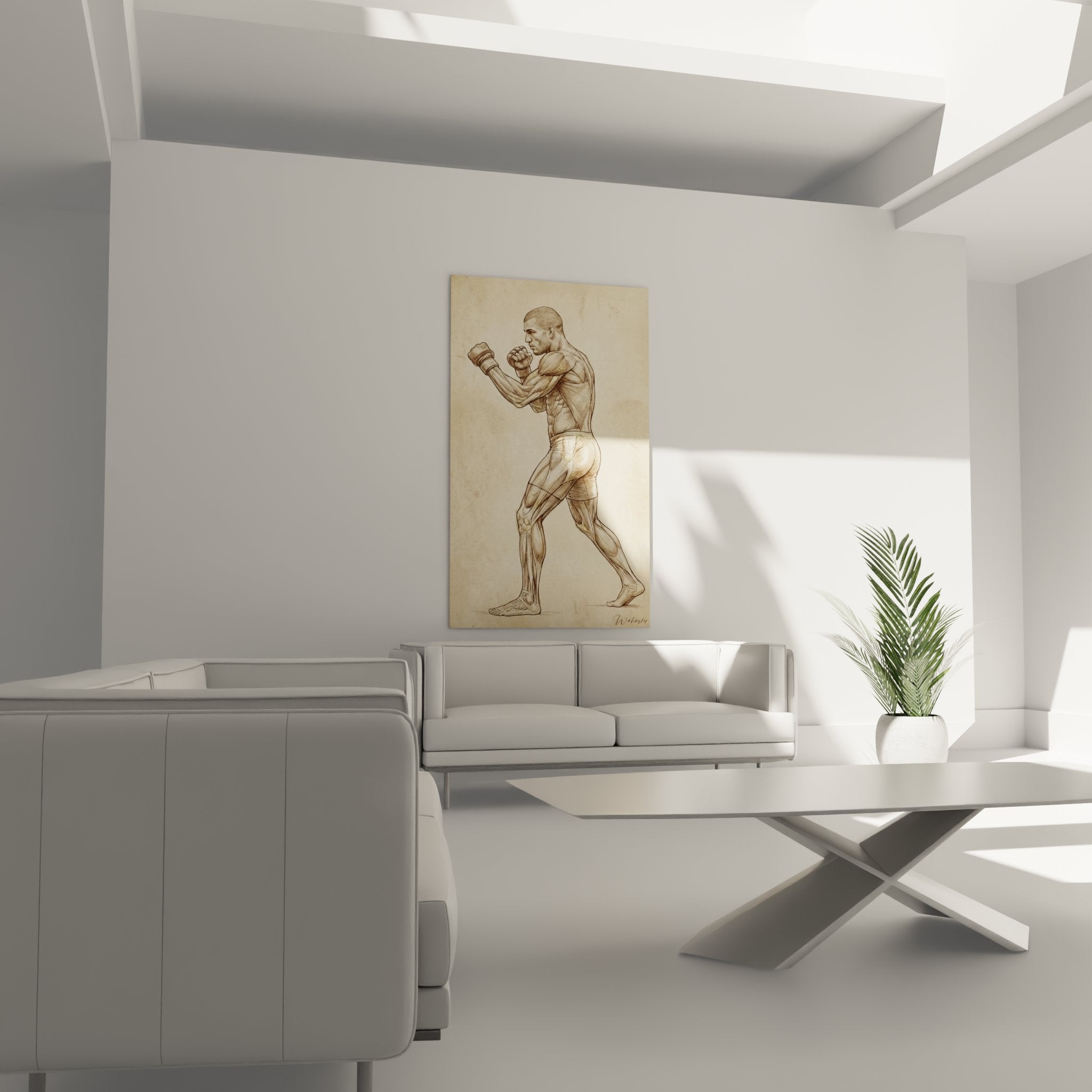 Detail tableau anatomie fighter MMA, precision musculaire dessin technique style Leonard Vinci