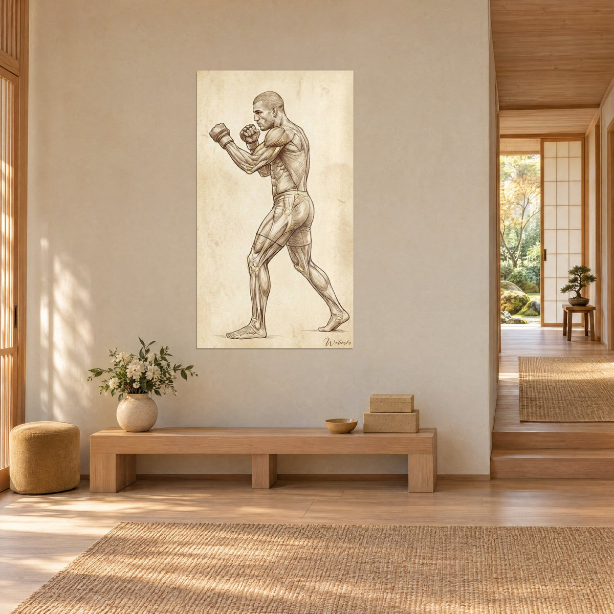 Tableau athlète de profil aux muscles disséqués, traits bruns sur fond beige, pas de côté, couloir japandi avec banc en bois clair
