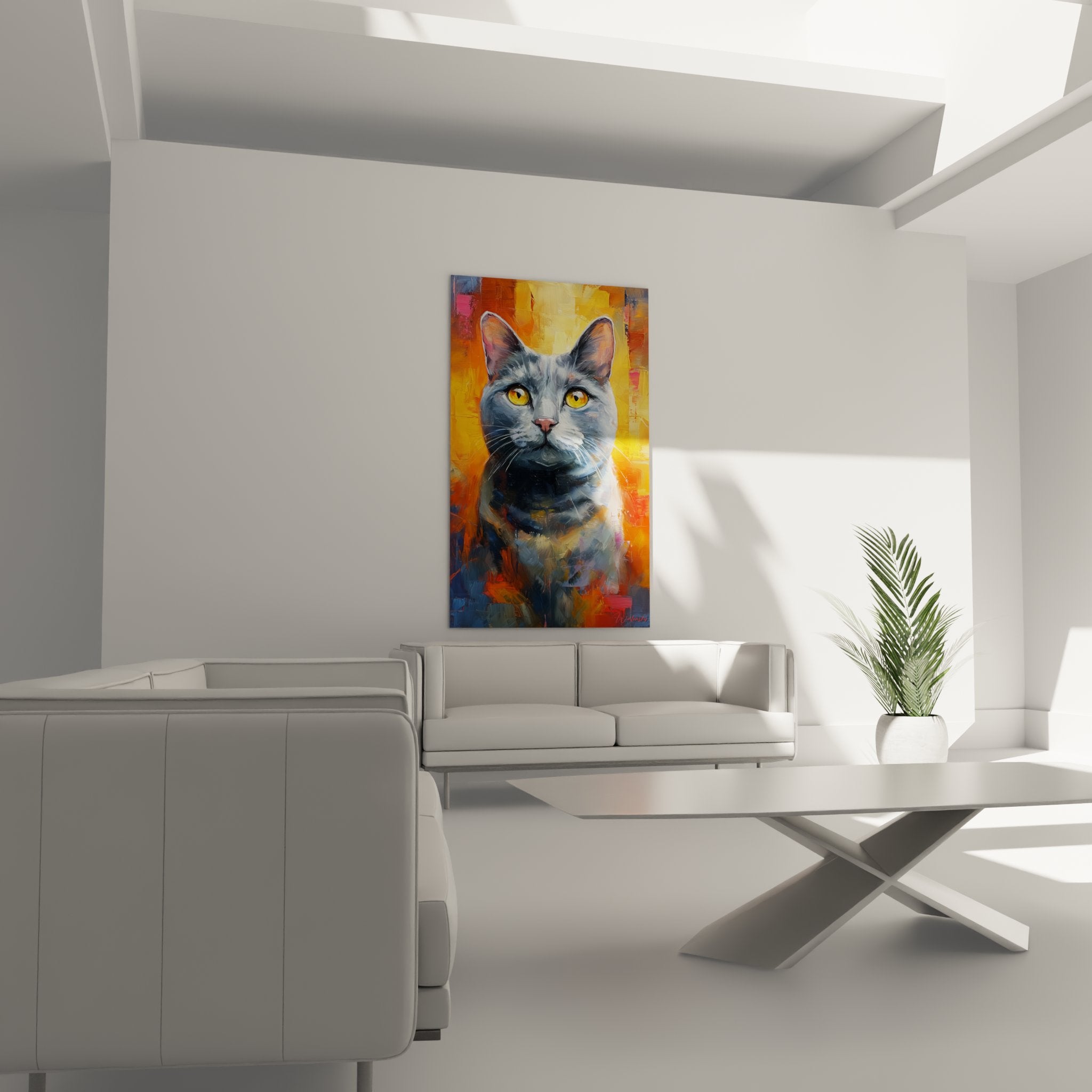 Gros plan tableau chat American Shorthair, détails pelage gris et yeux dorés expressifs, peinture réaliste