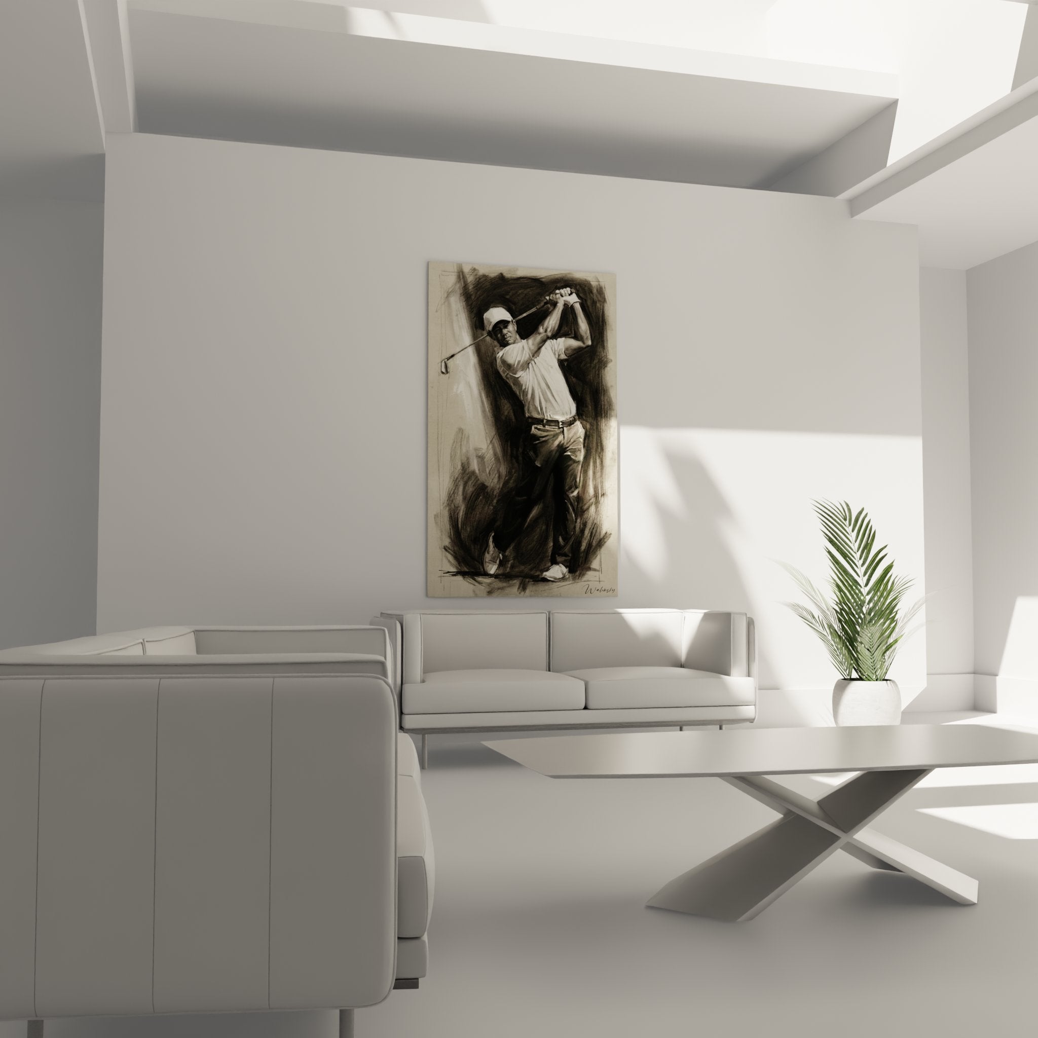 Gros plan sur tableau golf montrant les details du swing du golfeur, technique peinture expressionniste