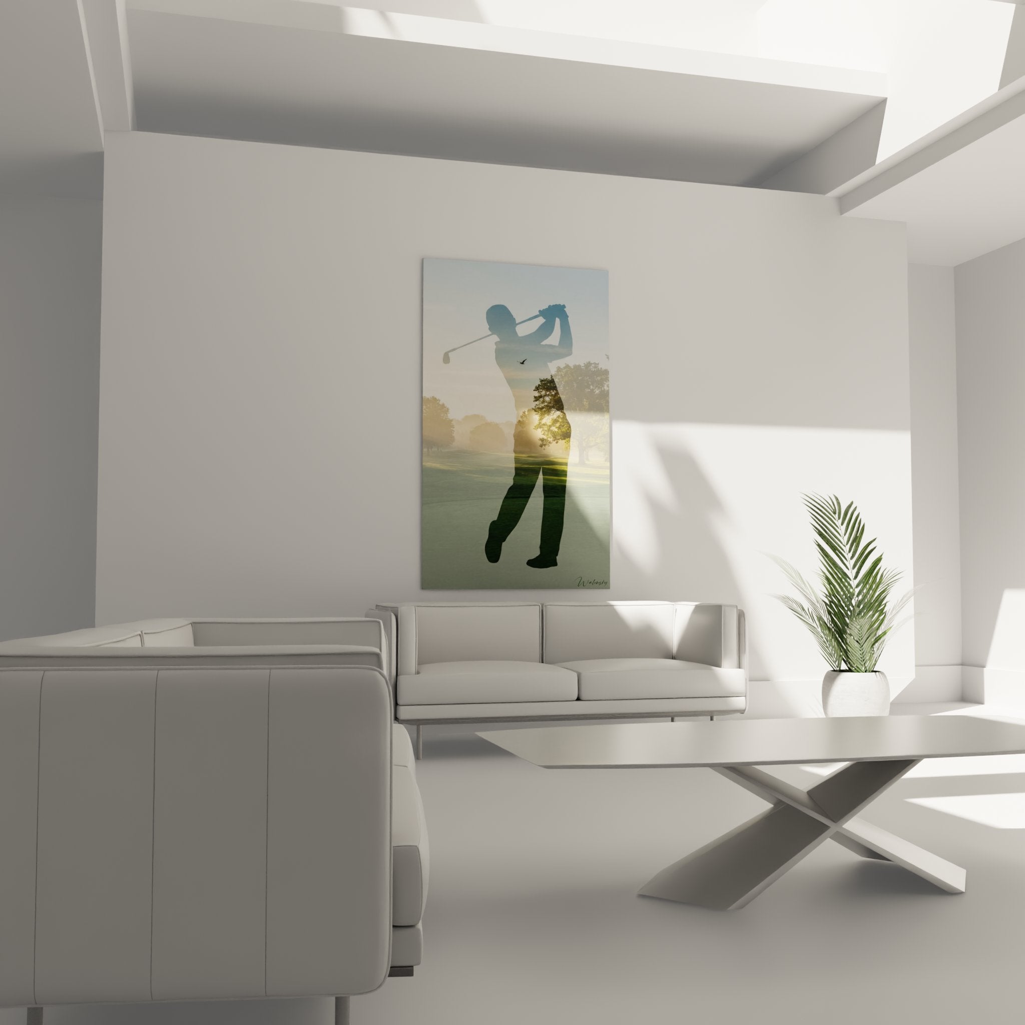 Détail rapproché tableau golf montrant technique double exposition silhouette joueur et fairway vert