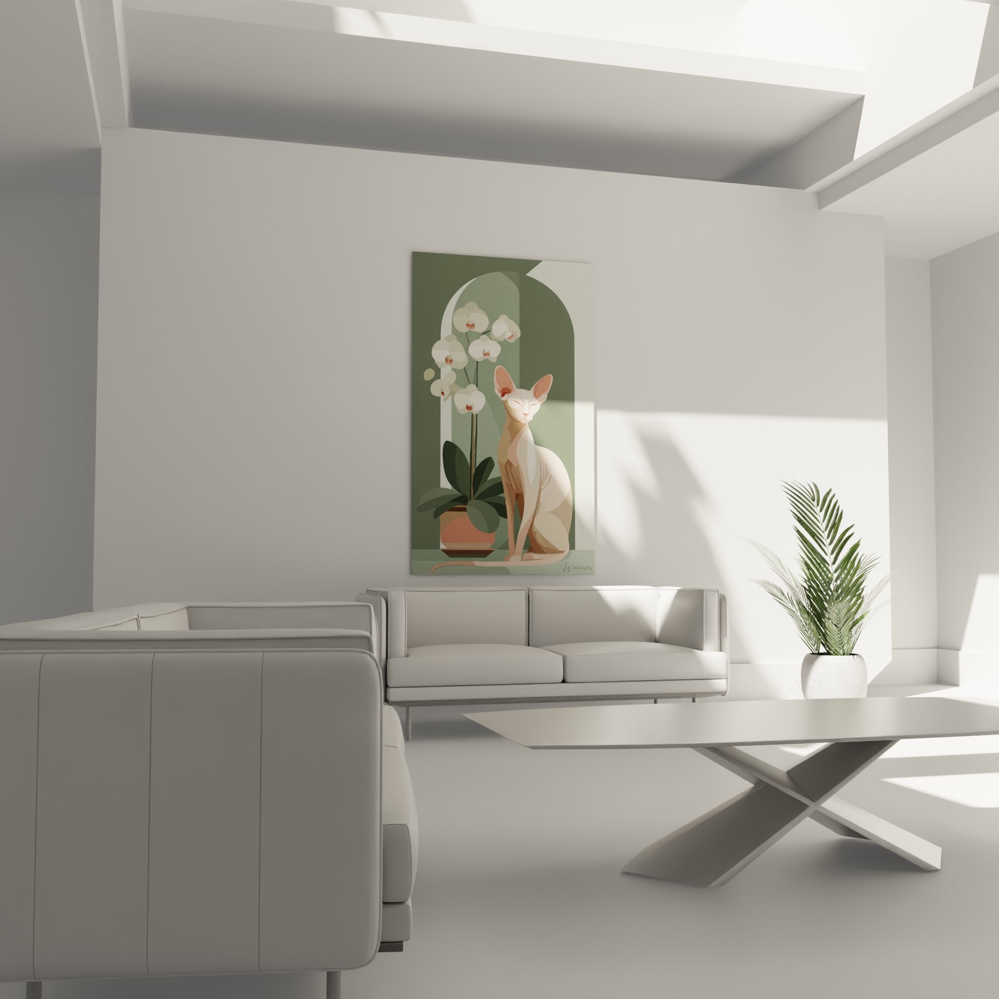 Primo piano su elegante gatto Sphynx con toni beige e rosa accanto a orchidee bianche in fiore