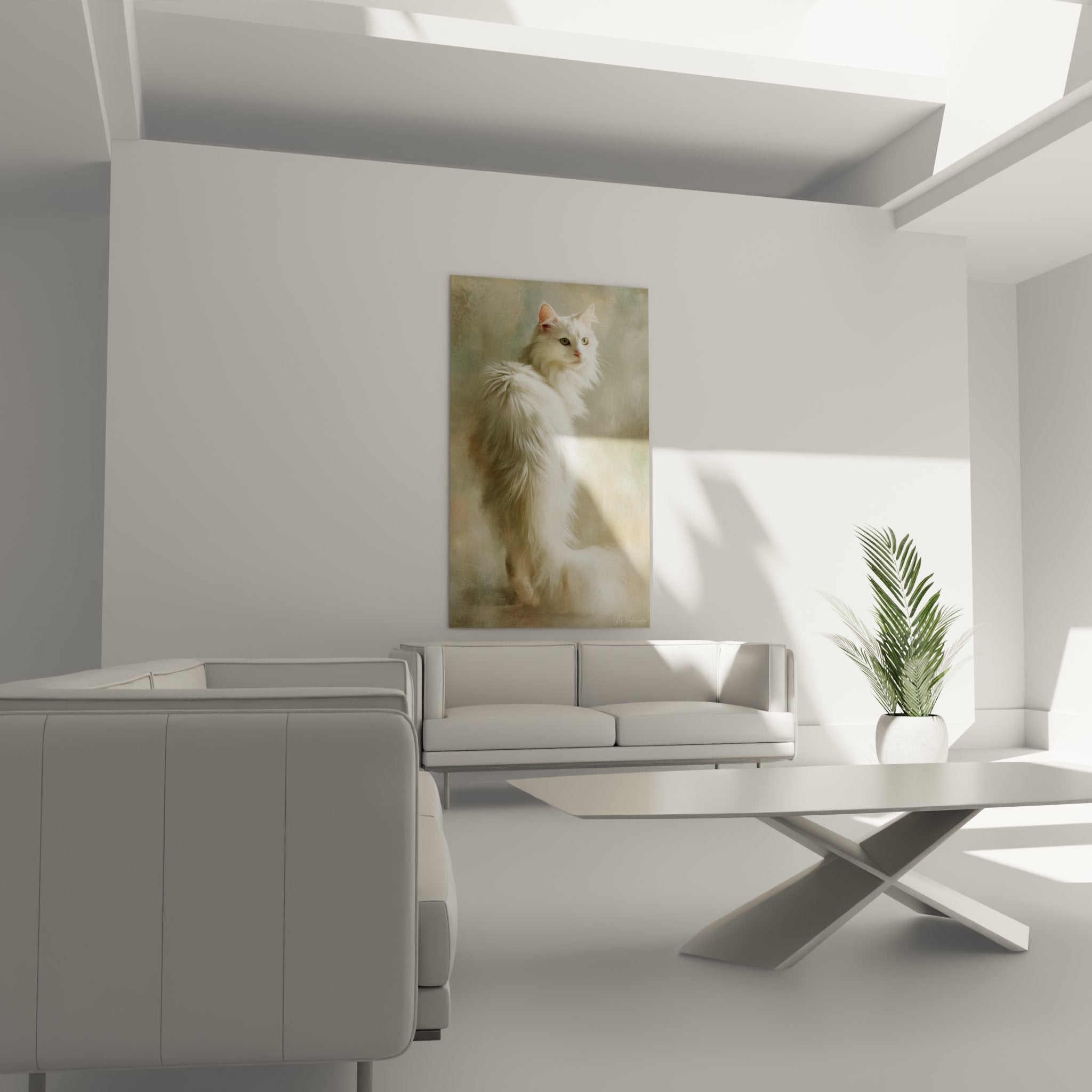 Detail portrait of white Turkish Angora cat with expressive green eyes and silky artistic textured coat