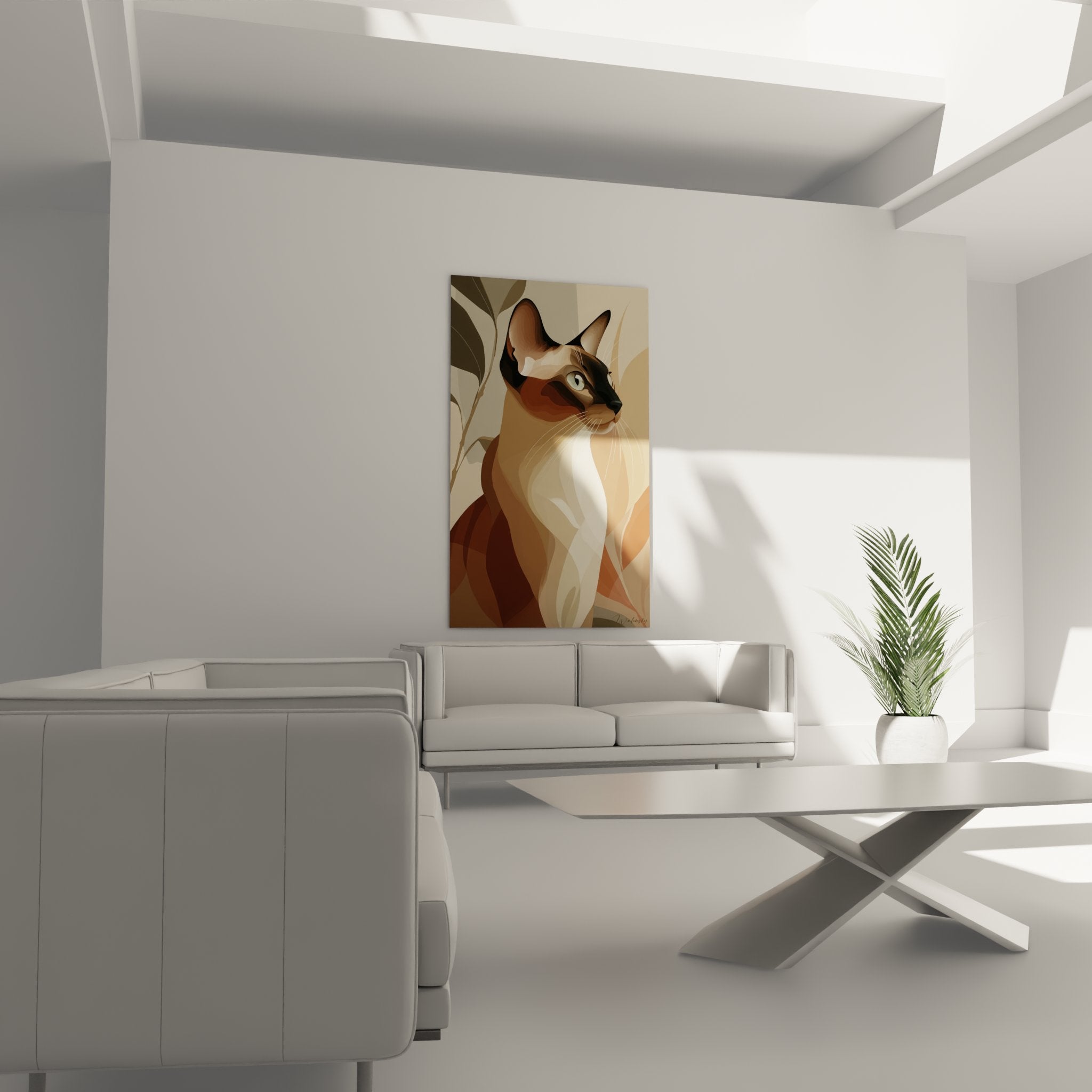 Détail portrait chat Singapura art géométrique yeux verts formes abstraites style contemporain