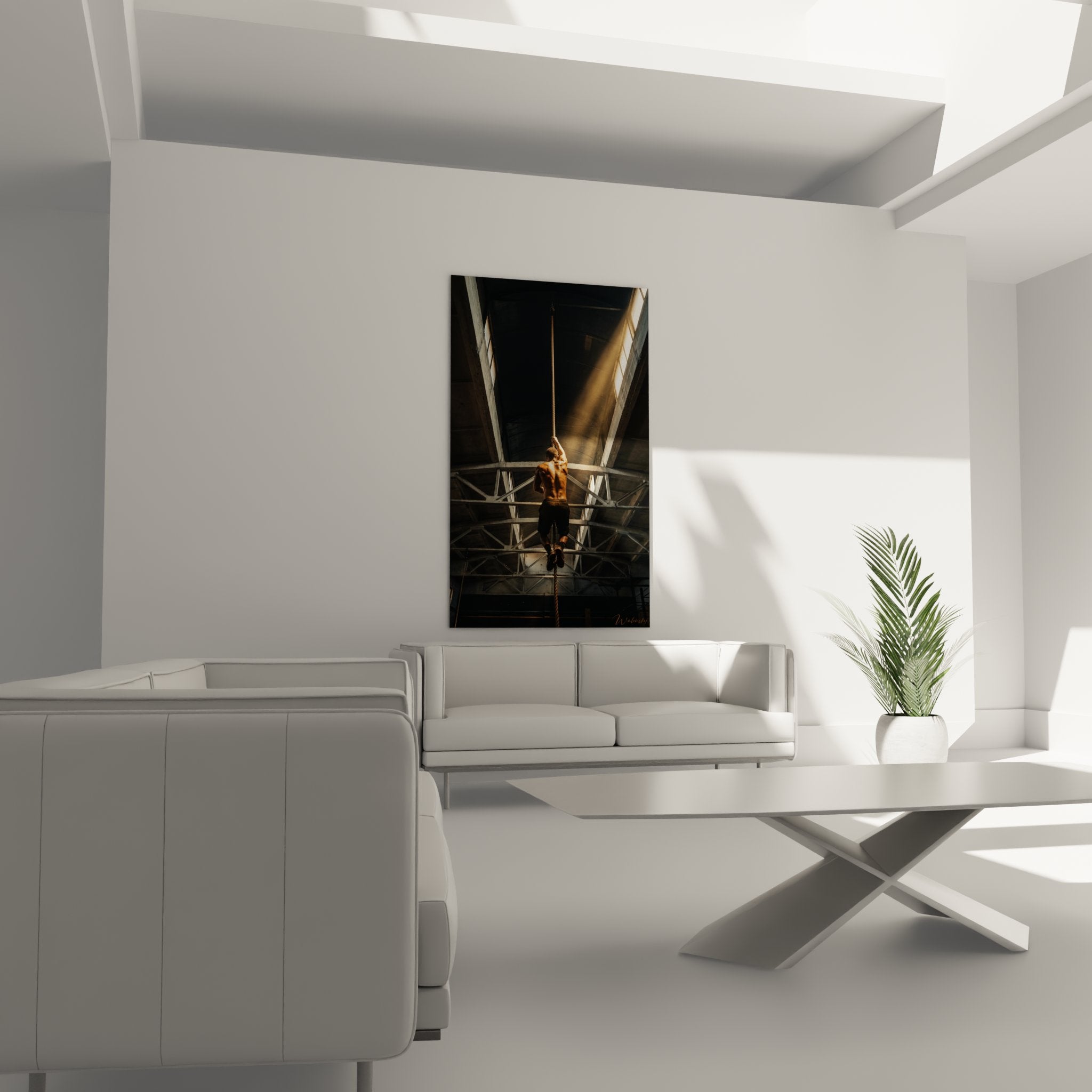 Detail tableau art CrossFit rope climb montrant technique escalade corde et muscles athlete en action