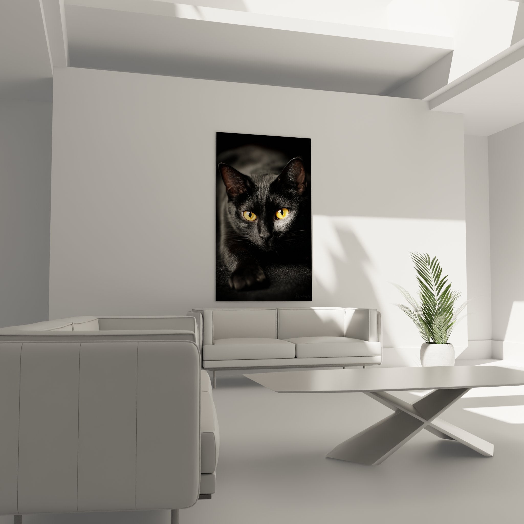 Gros plan tableau chat noir Bombay, détail yeux dorés perçants, art photographique félin haute qualité