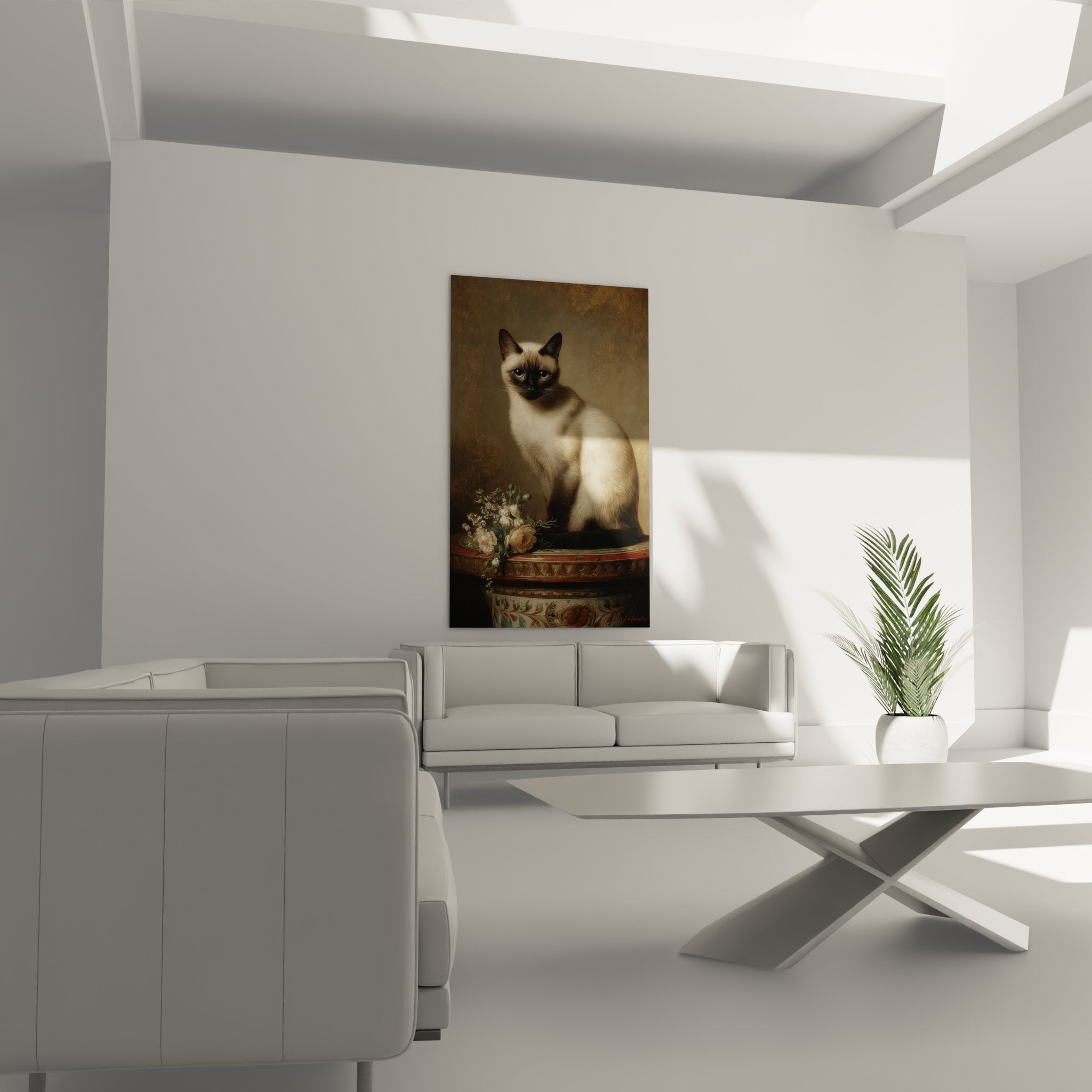 Primo piano ritratto gatto balinese con occhi blu, mantello crema e marrone stile pittura classica