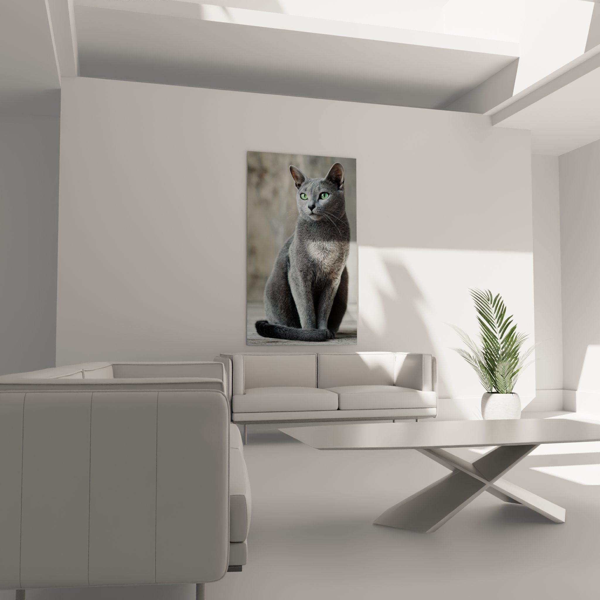 Gros plan tableau chat Burmilla, détail yeux verts perçants et texture pelage argenté soyeux