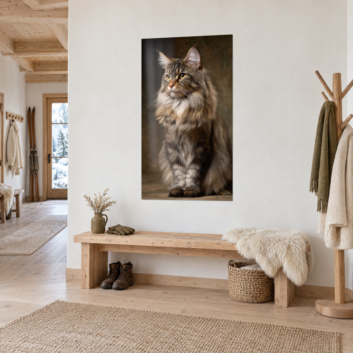 Schilderij zittende langharige kat, donkere oker achtergrond en zilvergrijze vacht, boven een houten bankje in een chalethal