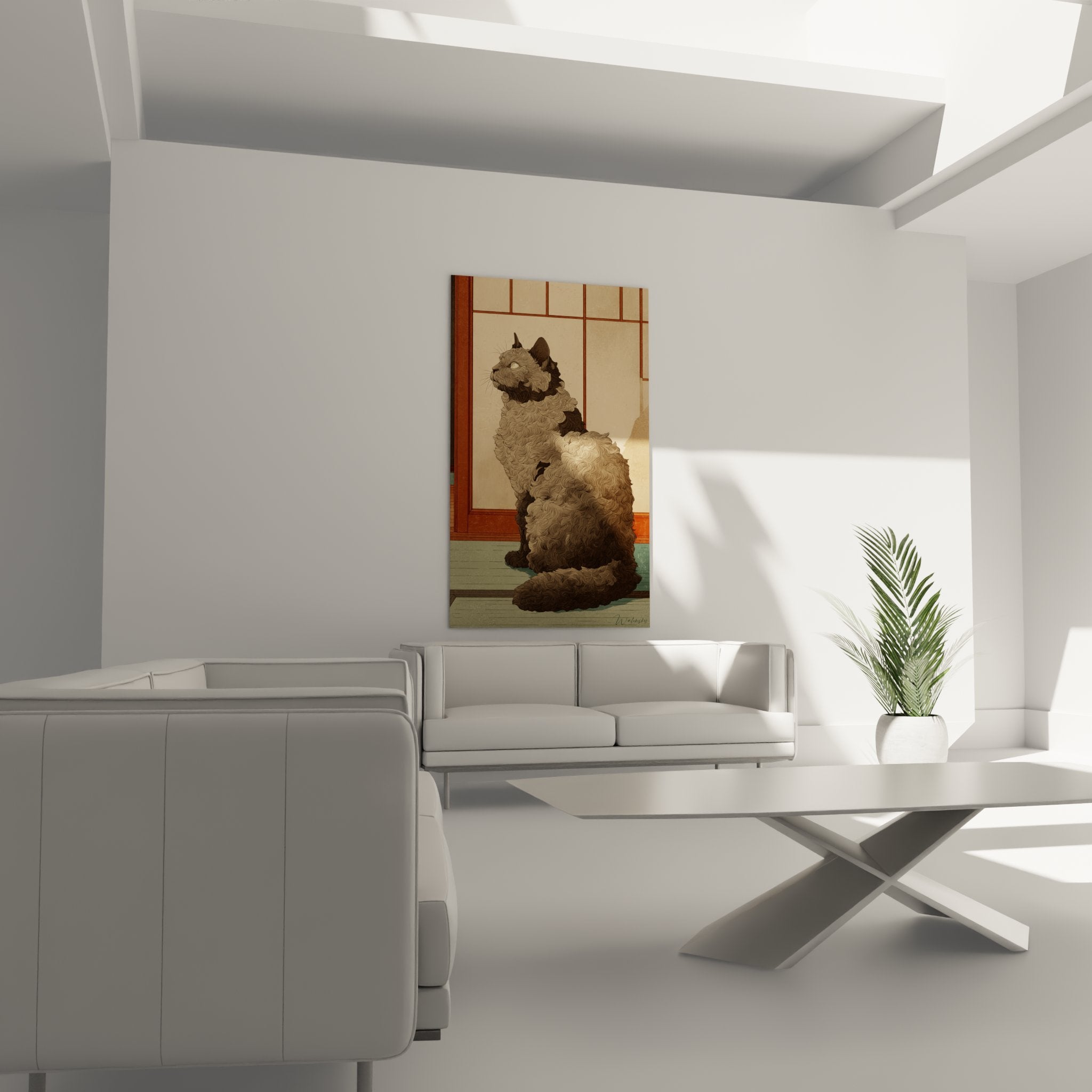 Detail tableau chat Selkirk Rex pelage boucle realiste art mural japonais tons chauds