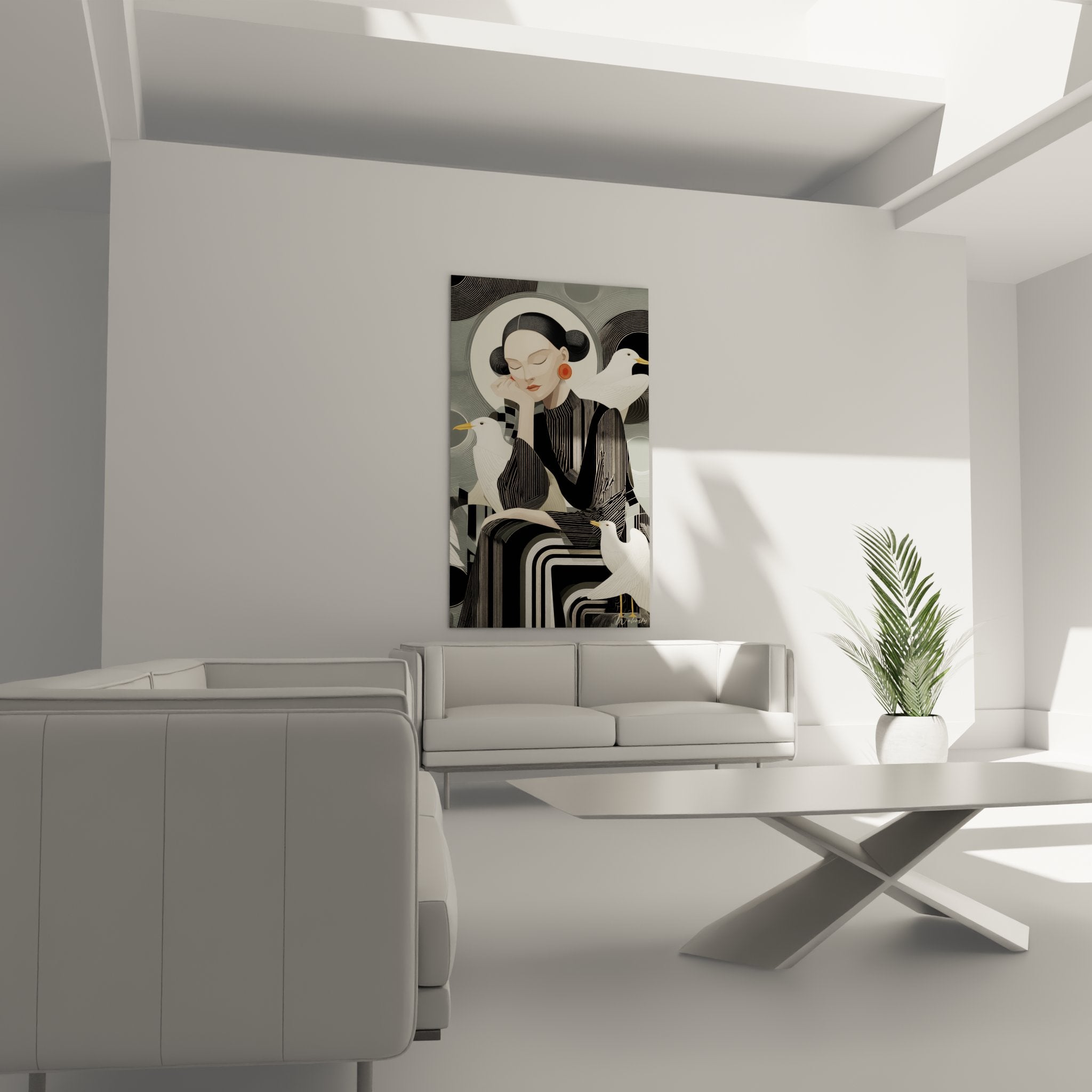 Dettaglio ravvicinato quadro art déco che mostra volto femminile meditativo e uccello bianco con motivi geometrici