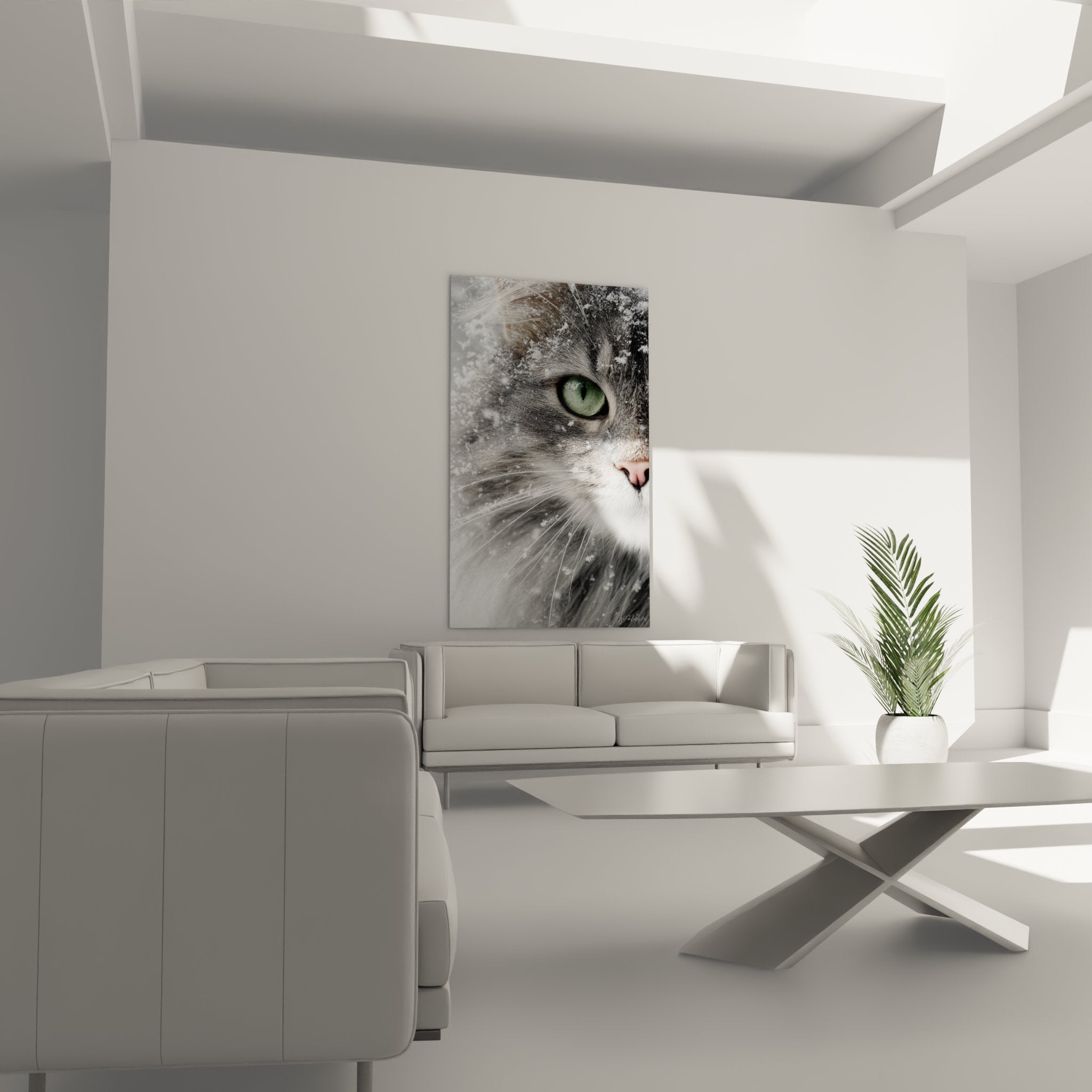 Detail tableau chat hivernal, oeil vert emeraude et flocons de neige sur pelage gris argente