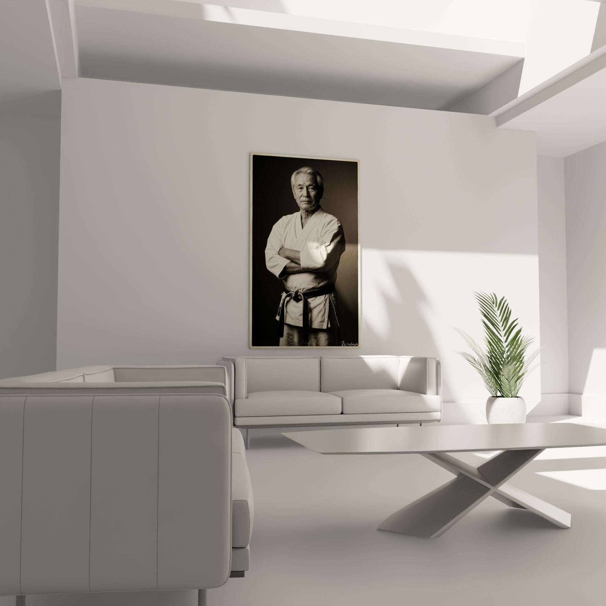 Gros plan sur le portrait du sensei de karate en kimono blanc, details du visage marque par l'experience